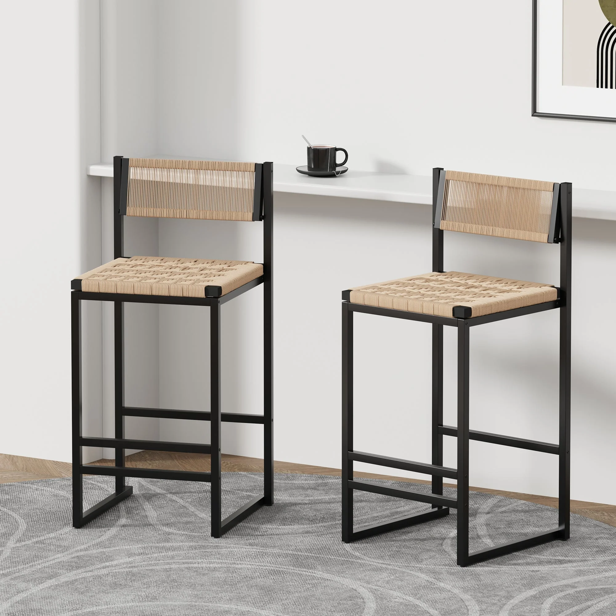 Kitchen Bar Stools with Footrest Set of 2 Paper Rope Weave Dining Chairs - Image 3