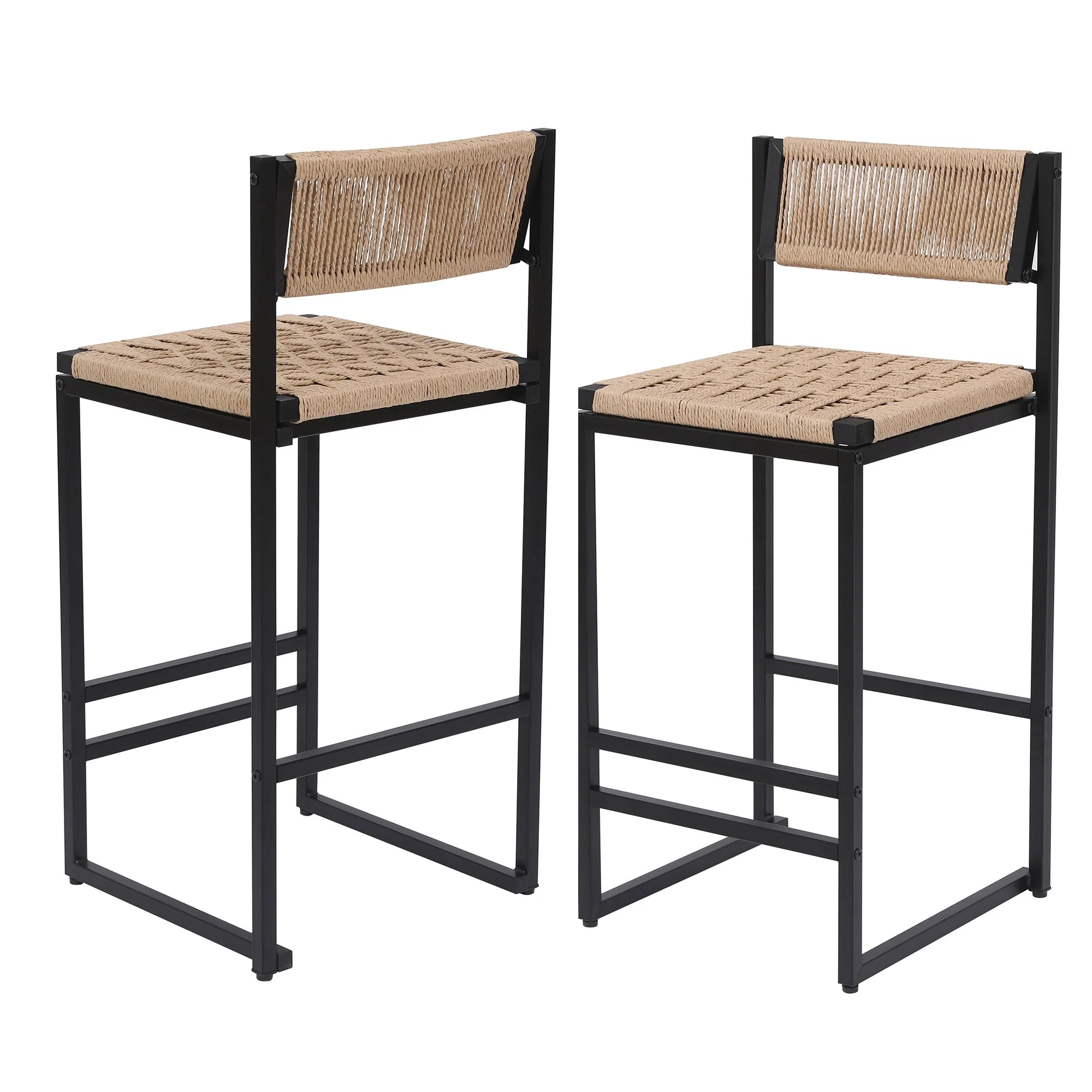 Kitchen Bar Stools with Footrest Set of 2 Paper Rope Weave Dining Chairs - Image 4