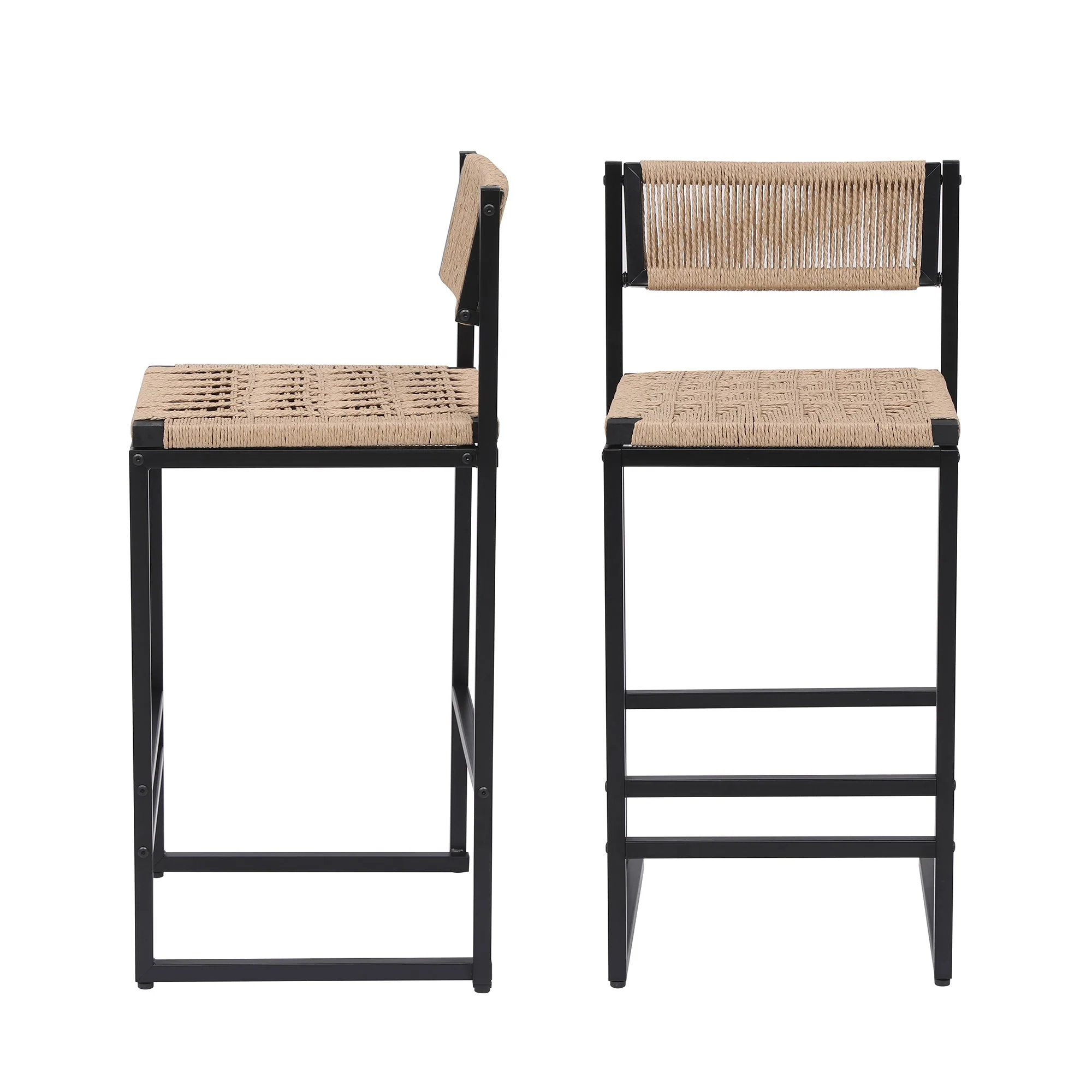 Kitchen Bar Stools with Footrest Set of 2 Paper Rope Weave Dining Chairs - Image 5