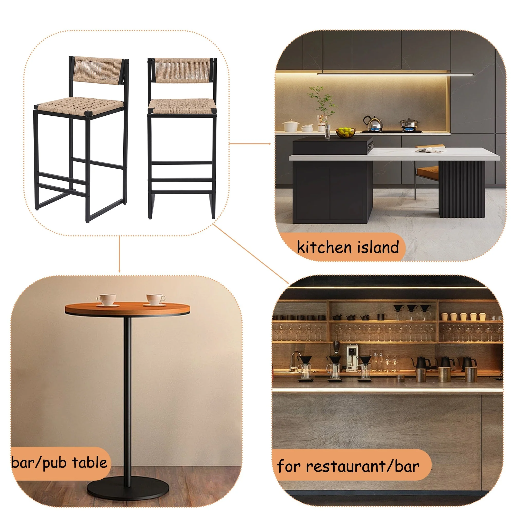 Kitchen Bar Stools with Footrest Set of 2 Paper Rope Weave Dining Chairs - Image 9