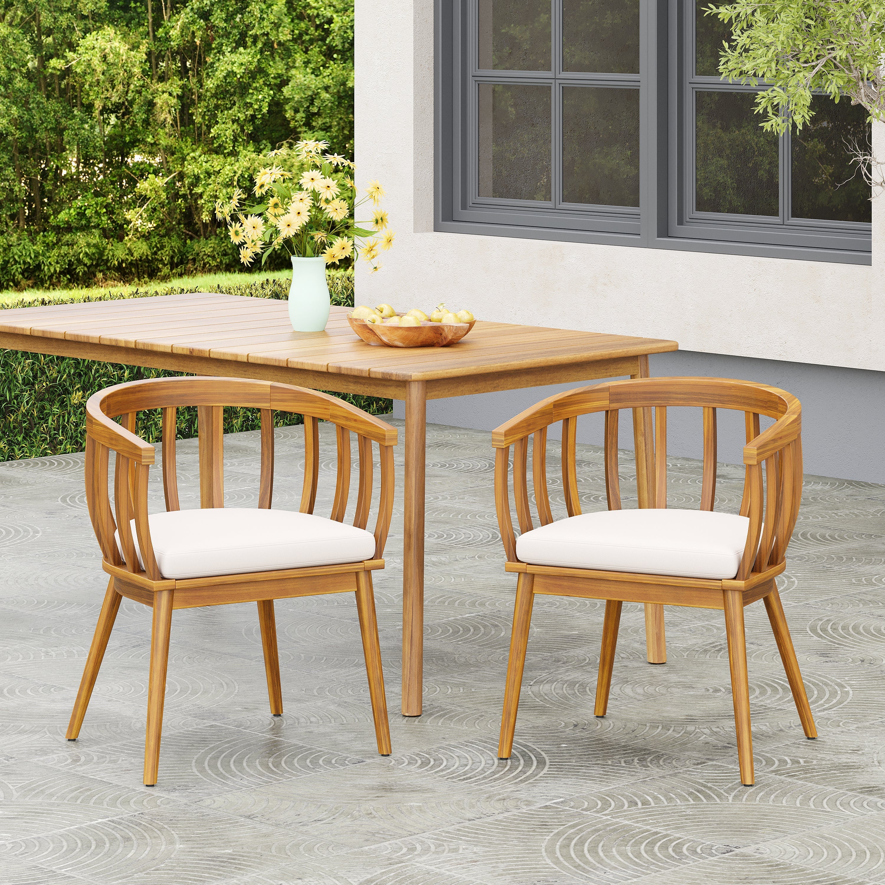 Klismos Dining Armchair Set of 2 with Solid Wood Construction and Curved Backrest in Teak and Beige - Image 2