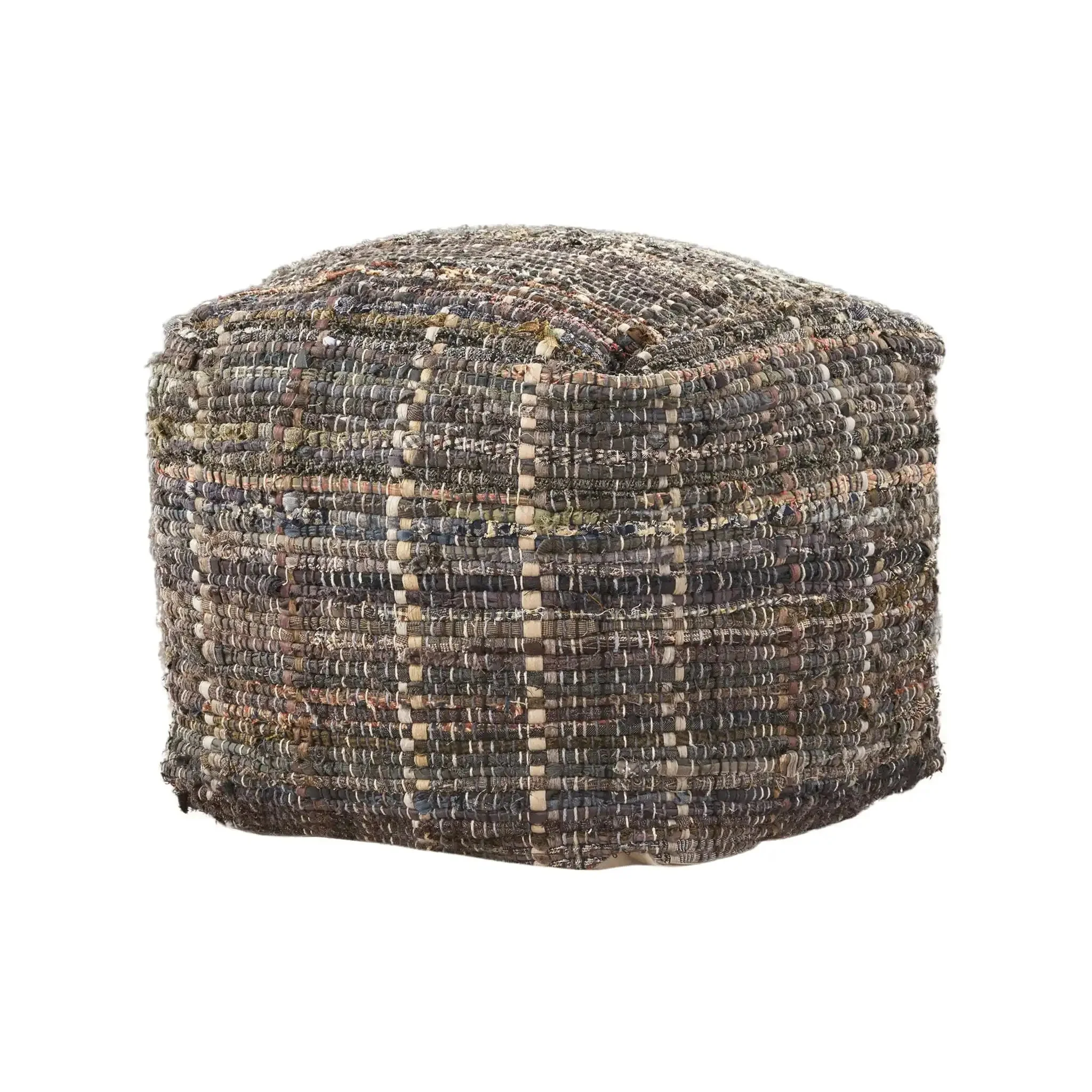 Koki Handcrafted Accent Pouf Recycled Denim And Paper Chindi - Khaki - Image 3