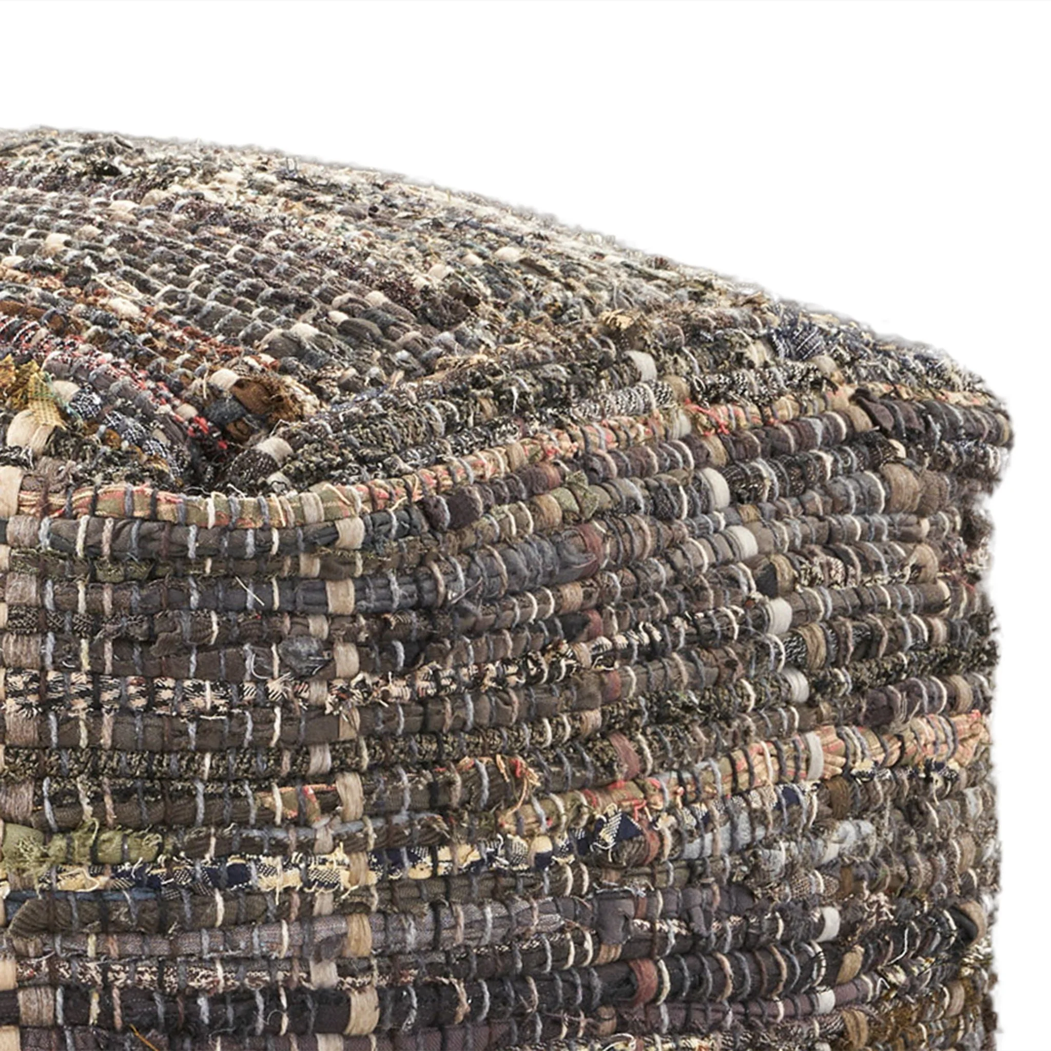 Koki Handcrafted Accent Pouf Recycled Denim And Paper Chindi - Khaki - Image 4