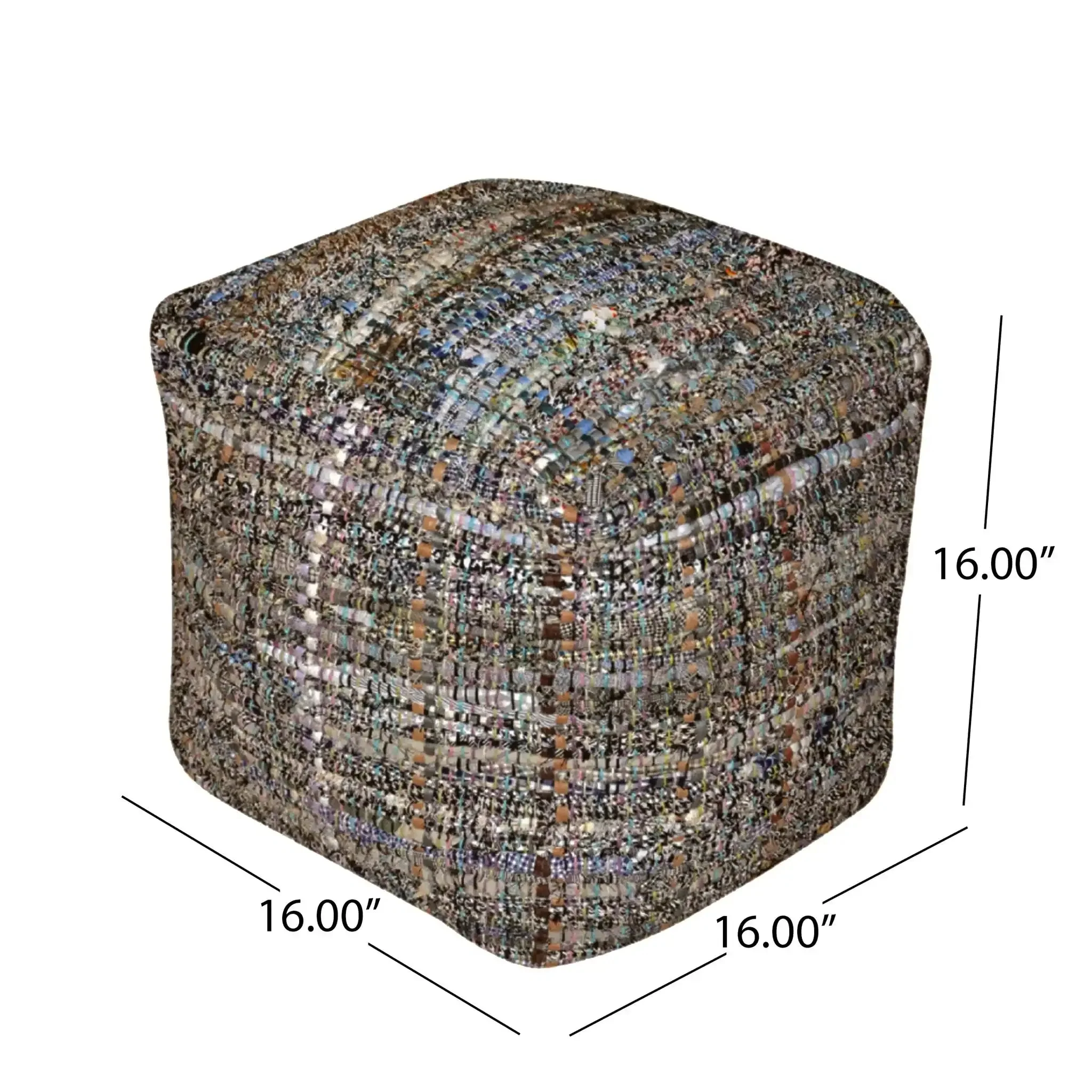 Koki Handcrafted Accent Pouf Recycled Denim And Paper Chindi - Khaki - Image 5