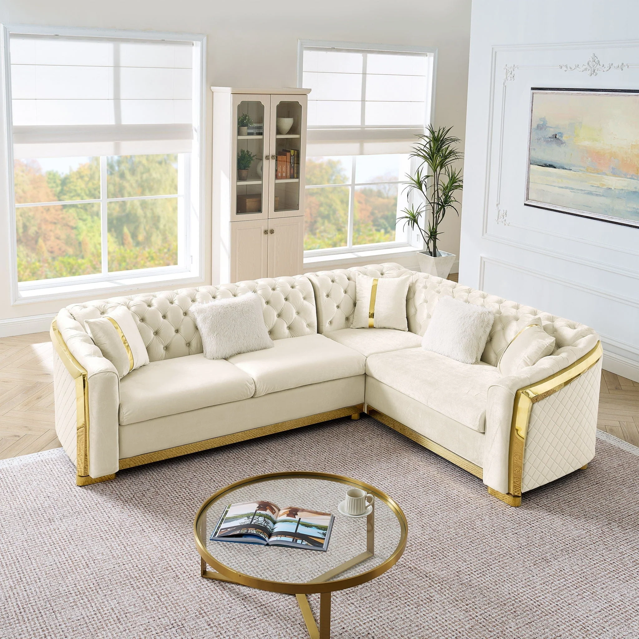 L Shaped Chesterfield Sectional Sofa With Stainless Steel Accents - Image 4