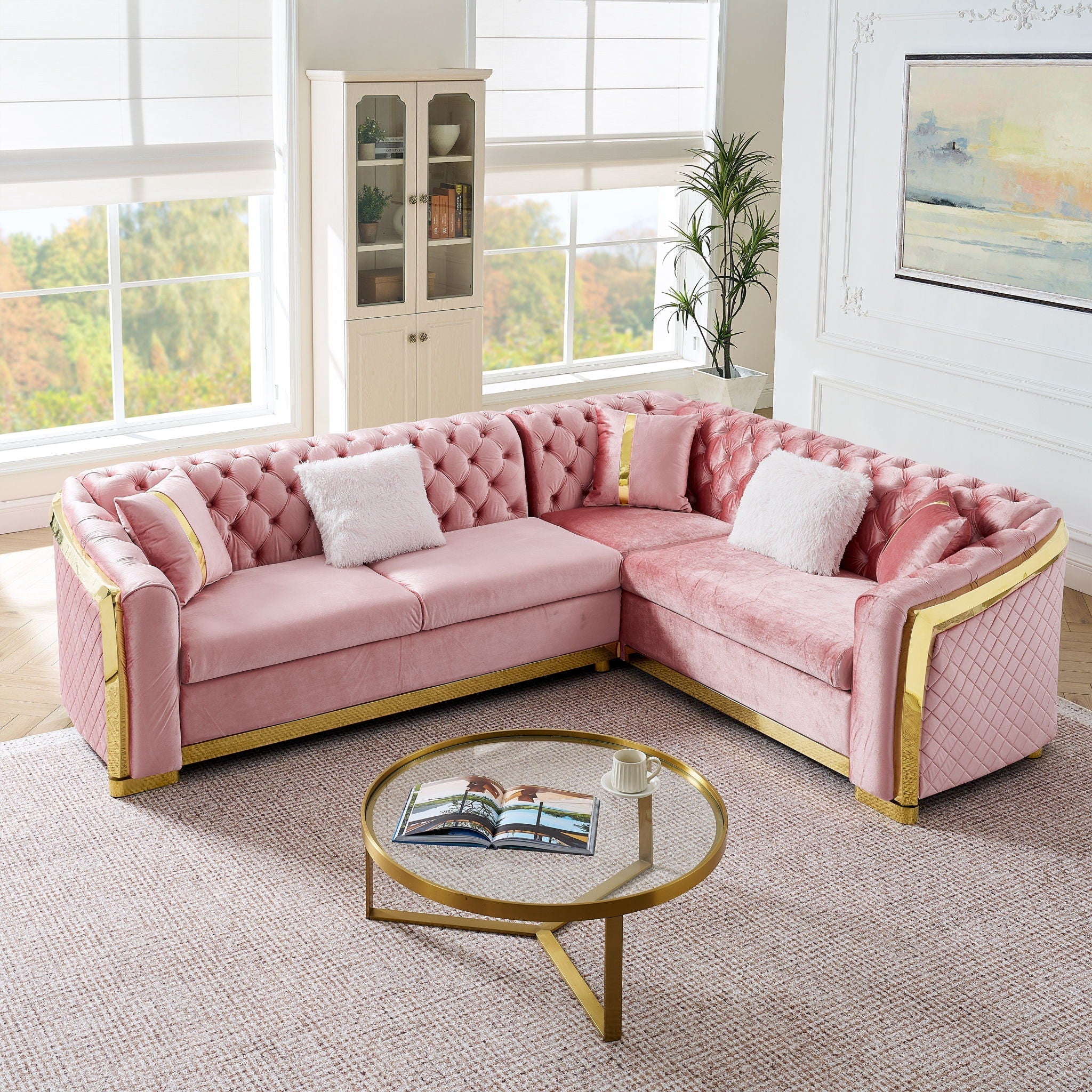 L Shaped Chesterfield Sectional Sofa With Stainless Steel Accents - Image 5