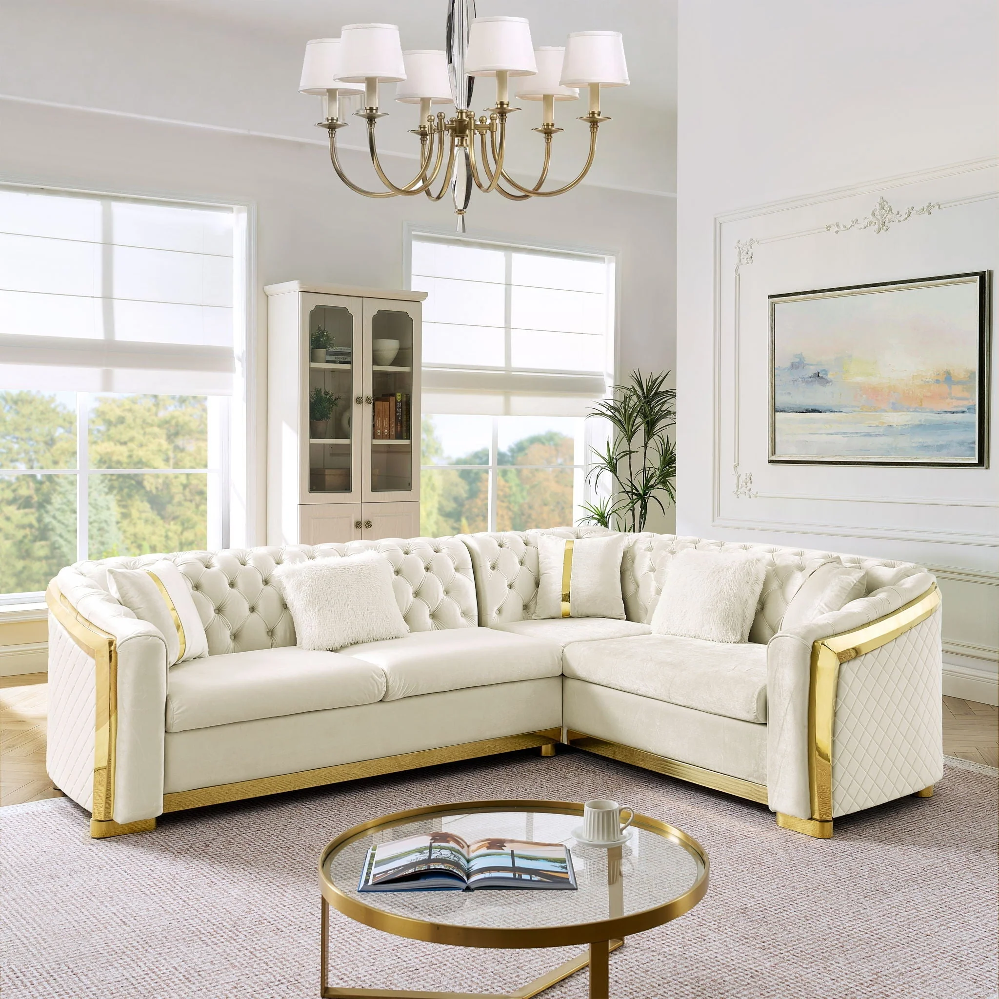L Shaped Chesterfield Sectional Sofa With Stainless Steel Accents - Image 6