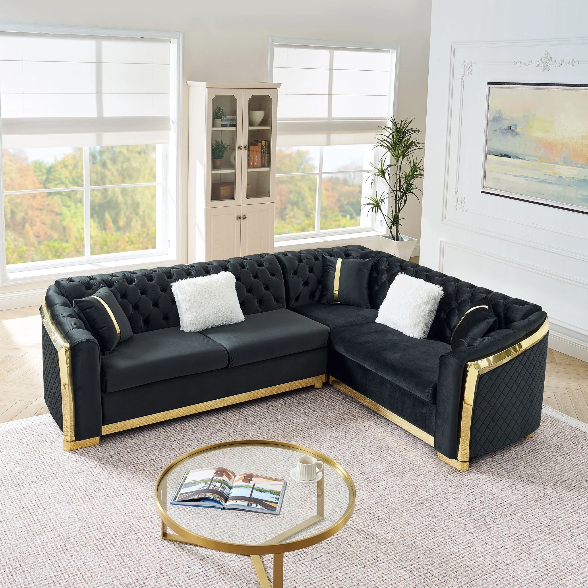 L Shaped Chesterfield Sectional Sofa With Stainless Steel Accents - Image 7