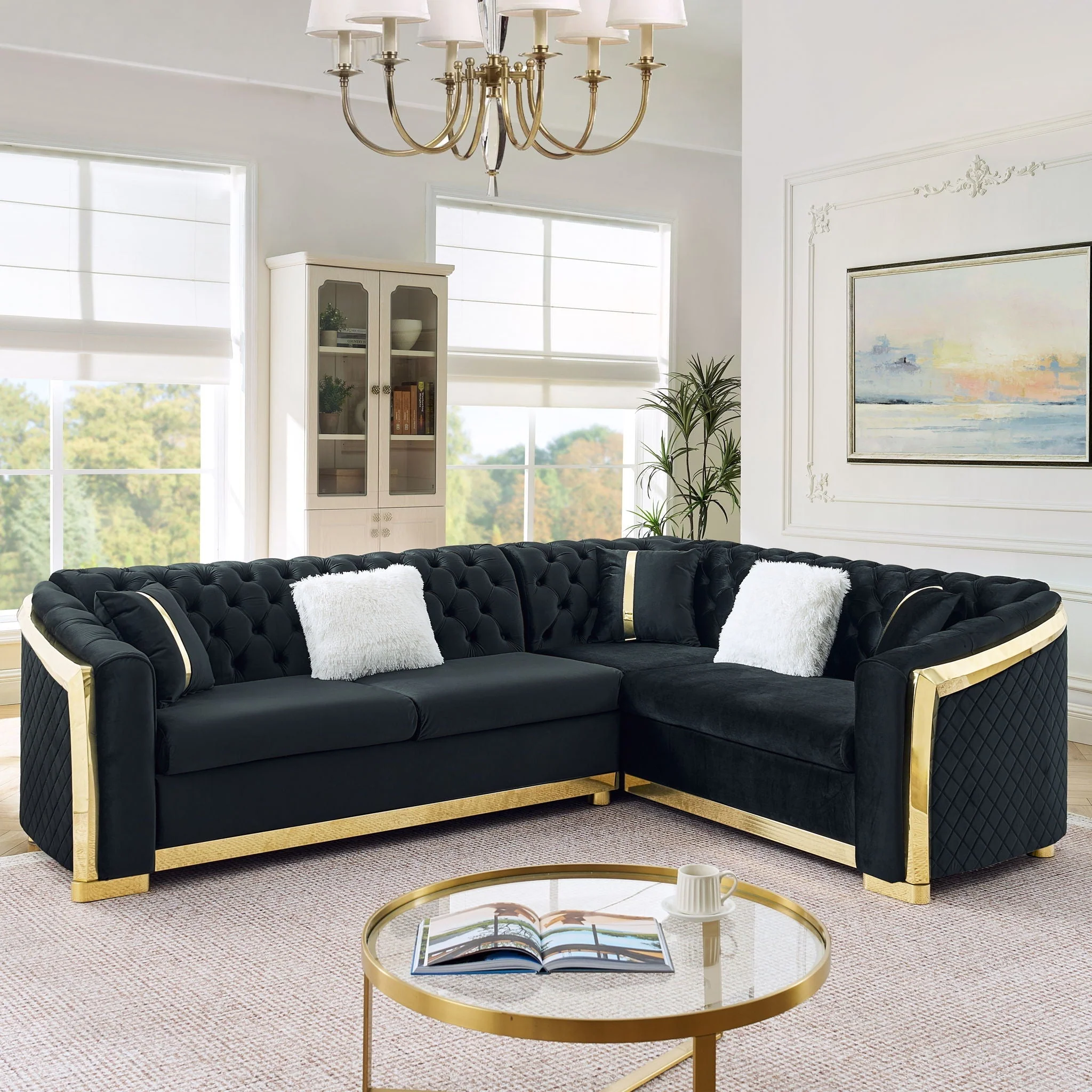 L Shaped Chesterfield Sectional Sofa With Stainless Steel Accents - Image 8