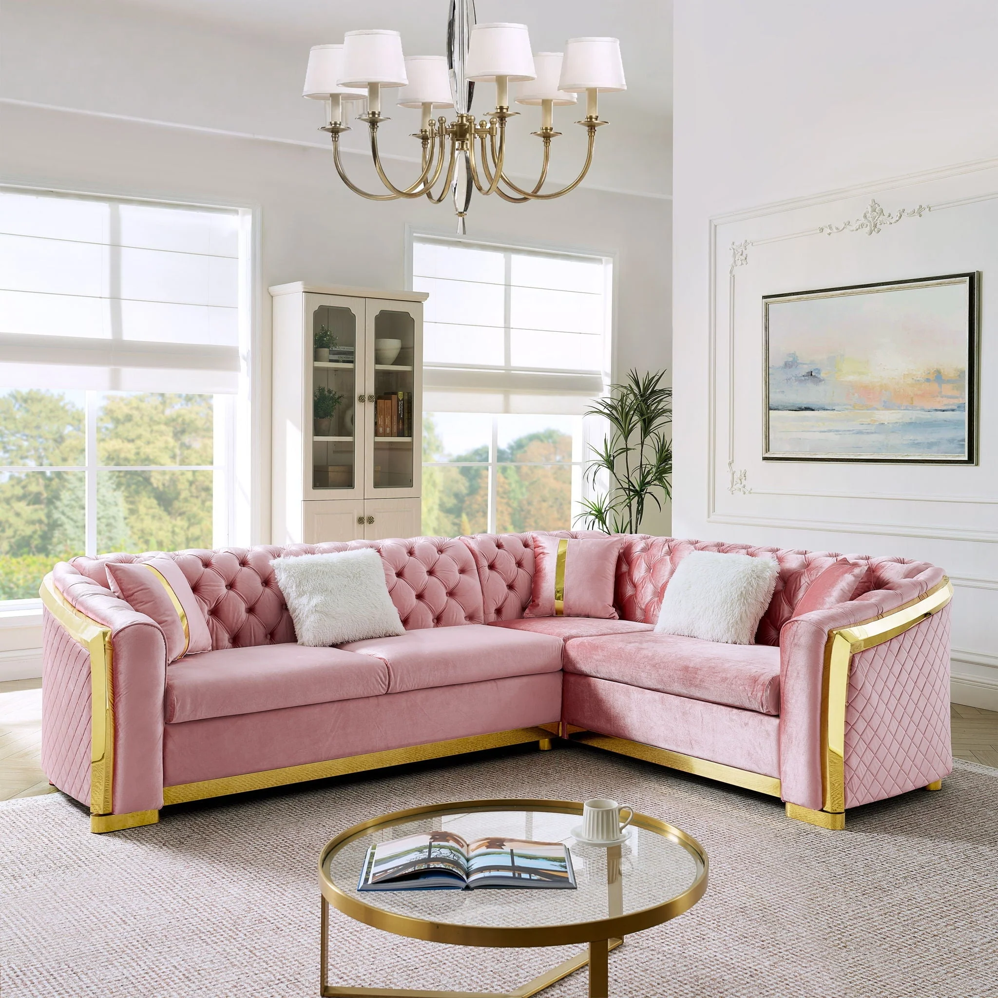 L Shaped Chesterfield Sectional Sofa With Stainless Steel Accents - Image 9