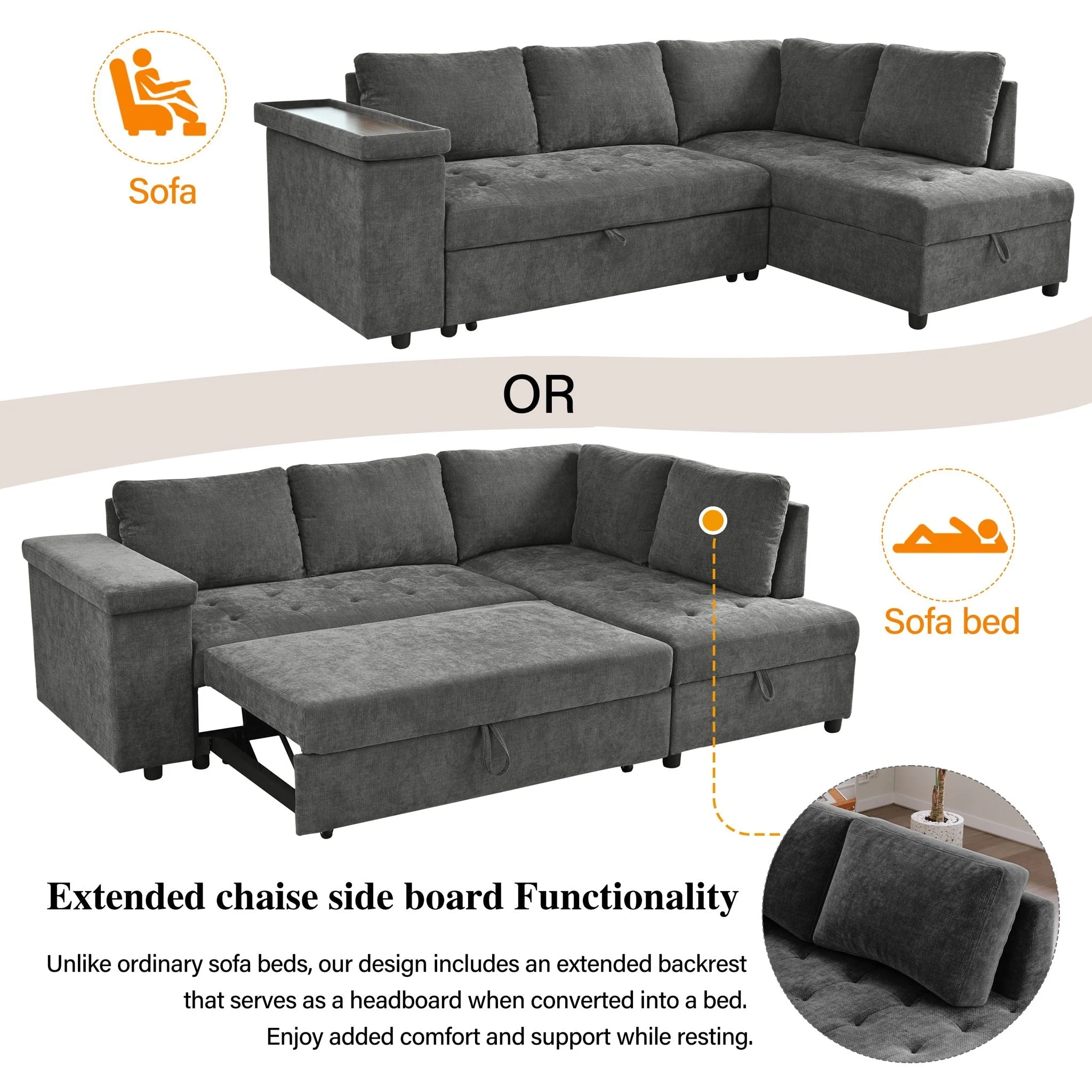L Shaped Couch With Pull Out Bed And Storage Sectional Sleeper Sofa - Image 3