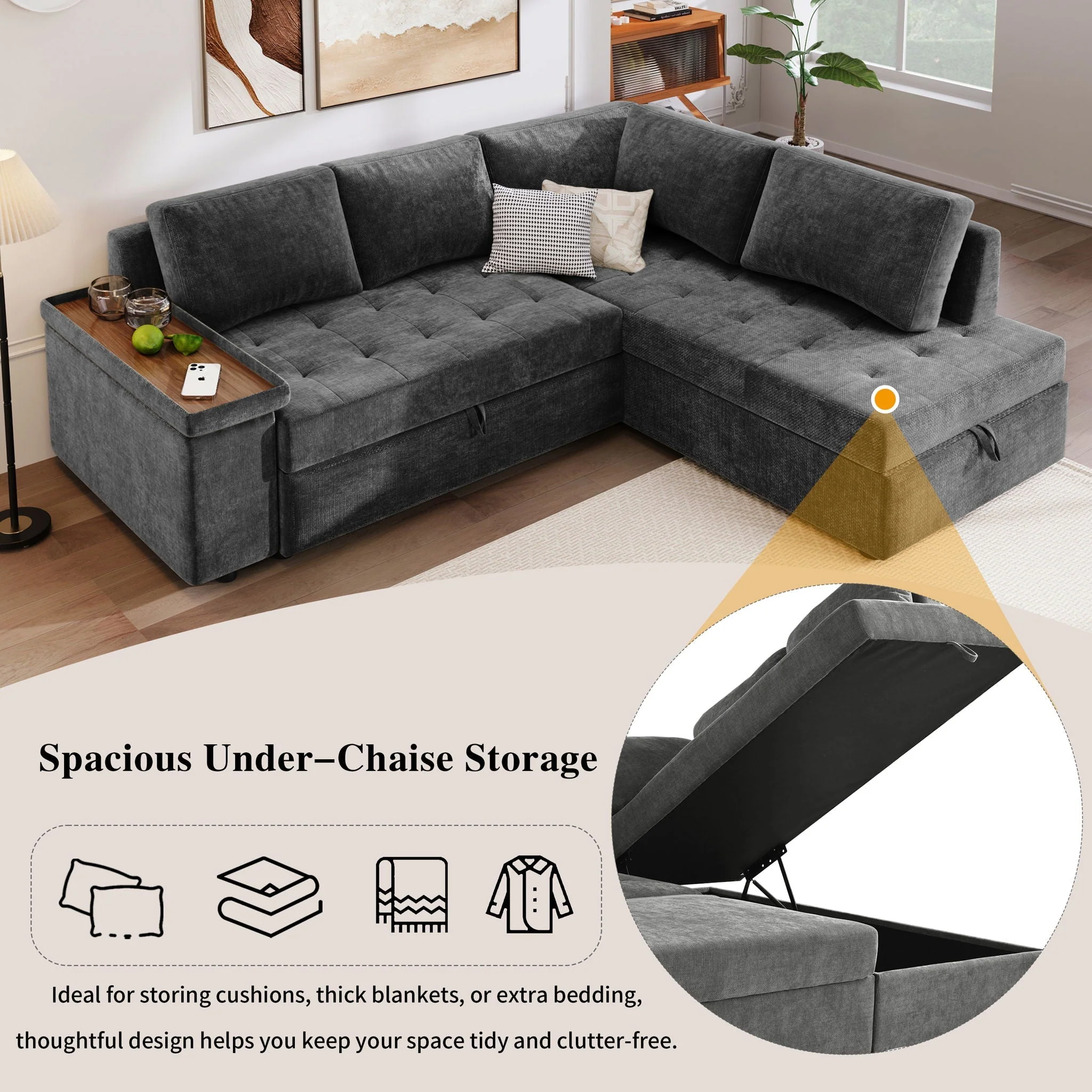 L Shaped Couch With Pull Out Bed And Storage Sectional Sleeper Sofa - Image 4