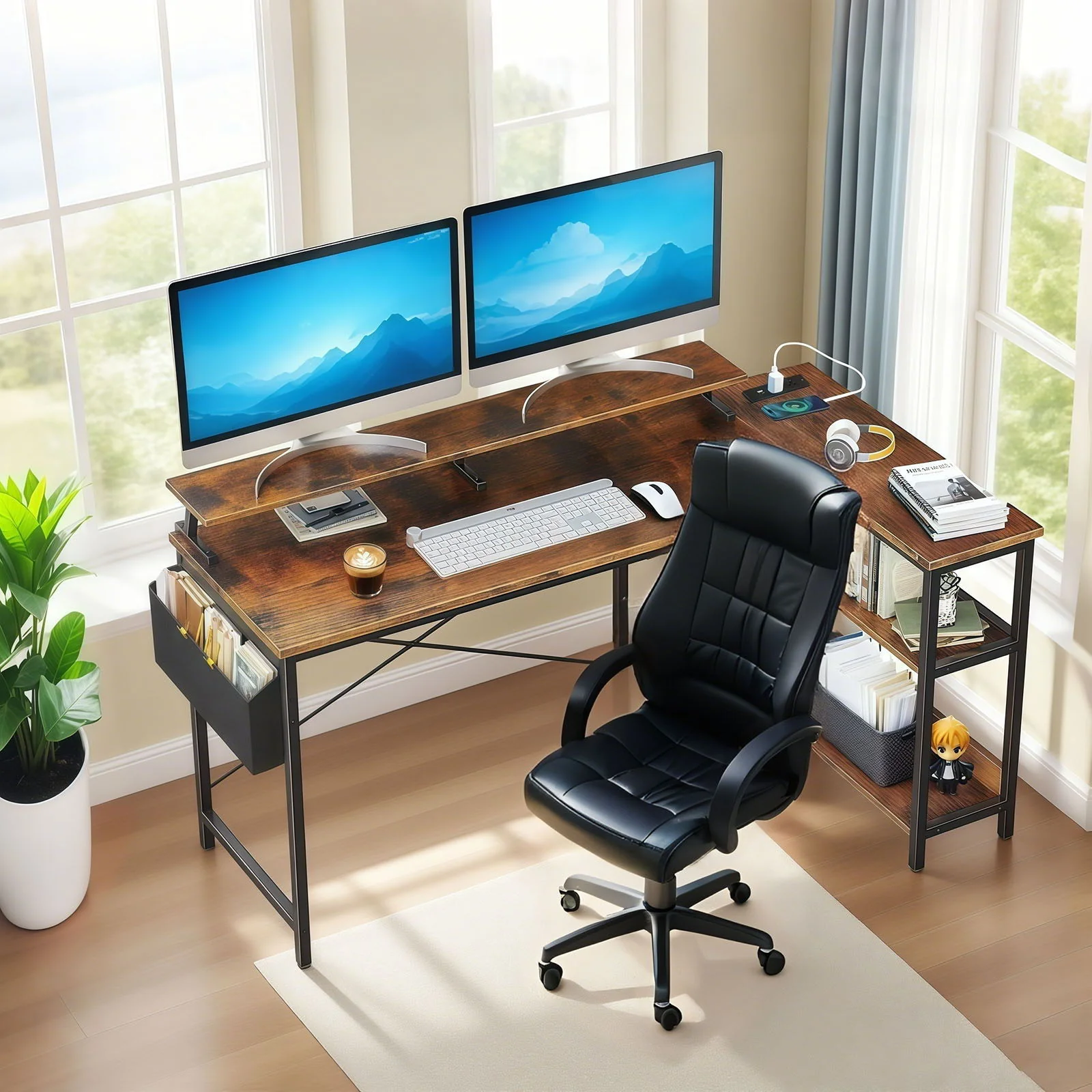 L-Shaped Gaming Desk With Power Outlets, Monitor Stand & Storage Shelves, Reversible Corner Workstation - Black / Brown - Image 2