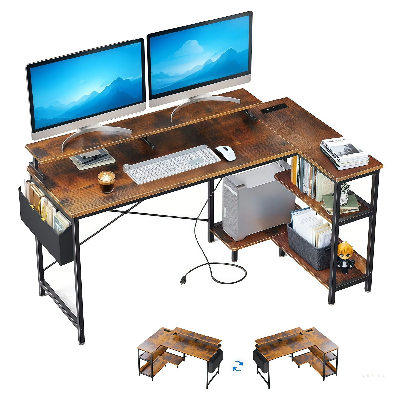 L-Shaped Gaming Desk With Power Outlets, Monitor Stand & Storage Shelves, Reversible Corner Workstation - Black / Brown - Image 3