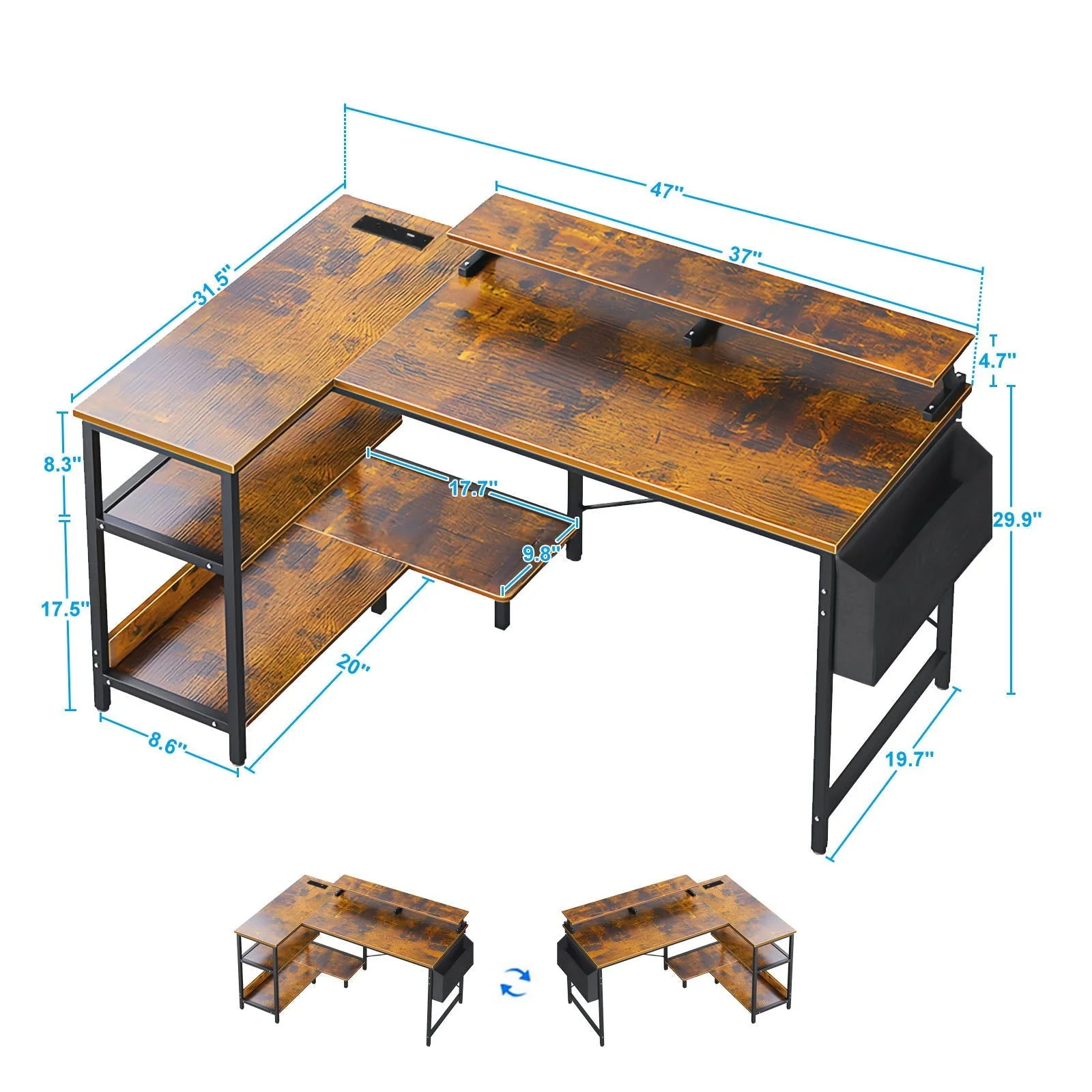 L-Shaped Gaming Desk With Power Outlets, Monitor Stand & Storage Shelves, Reversible Corner Workstation - Black / Brown - Image 4