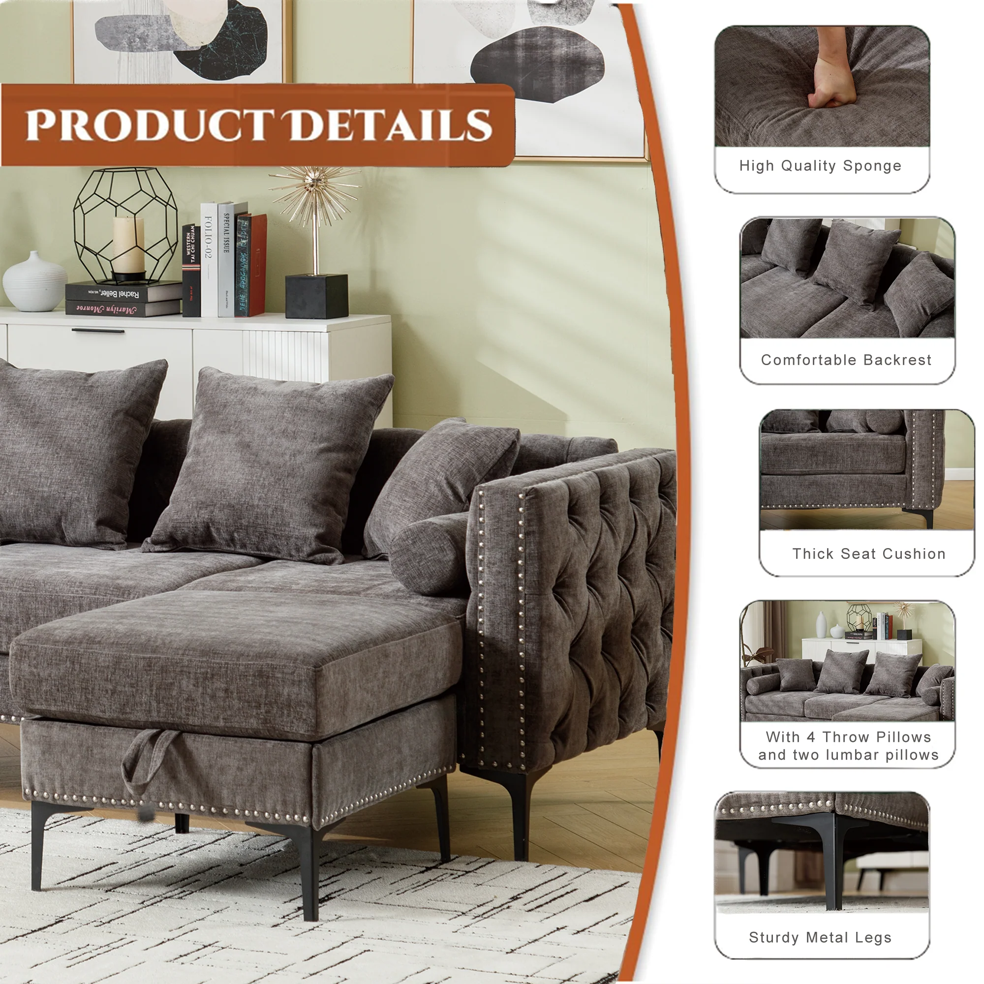 L Shaped Sectional Sofa Chenille Dark Gray - Image 10