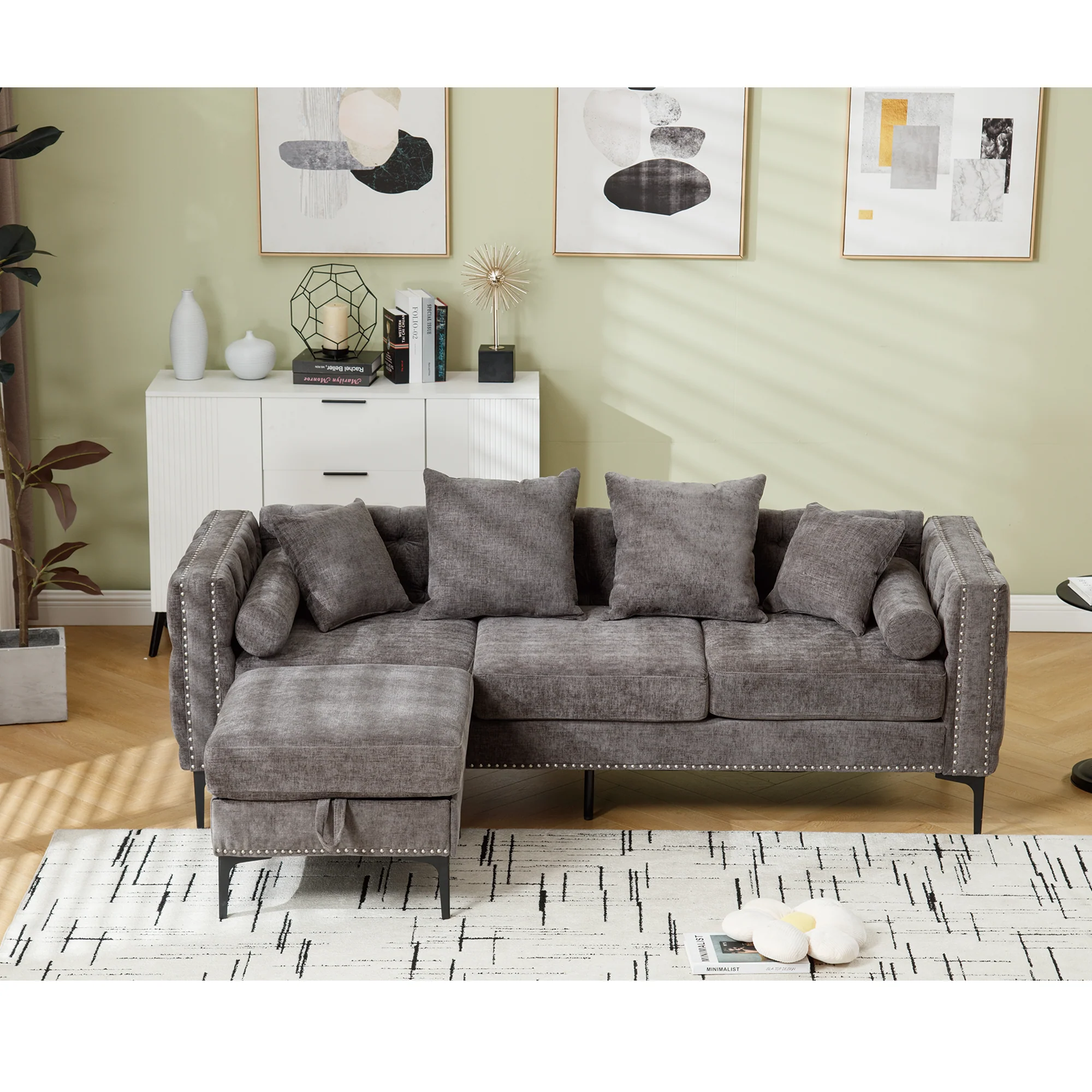 L Shaped Sectional Sofa Chenille Dark Gray - Image 2