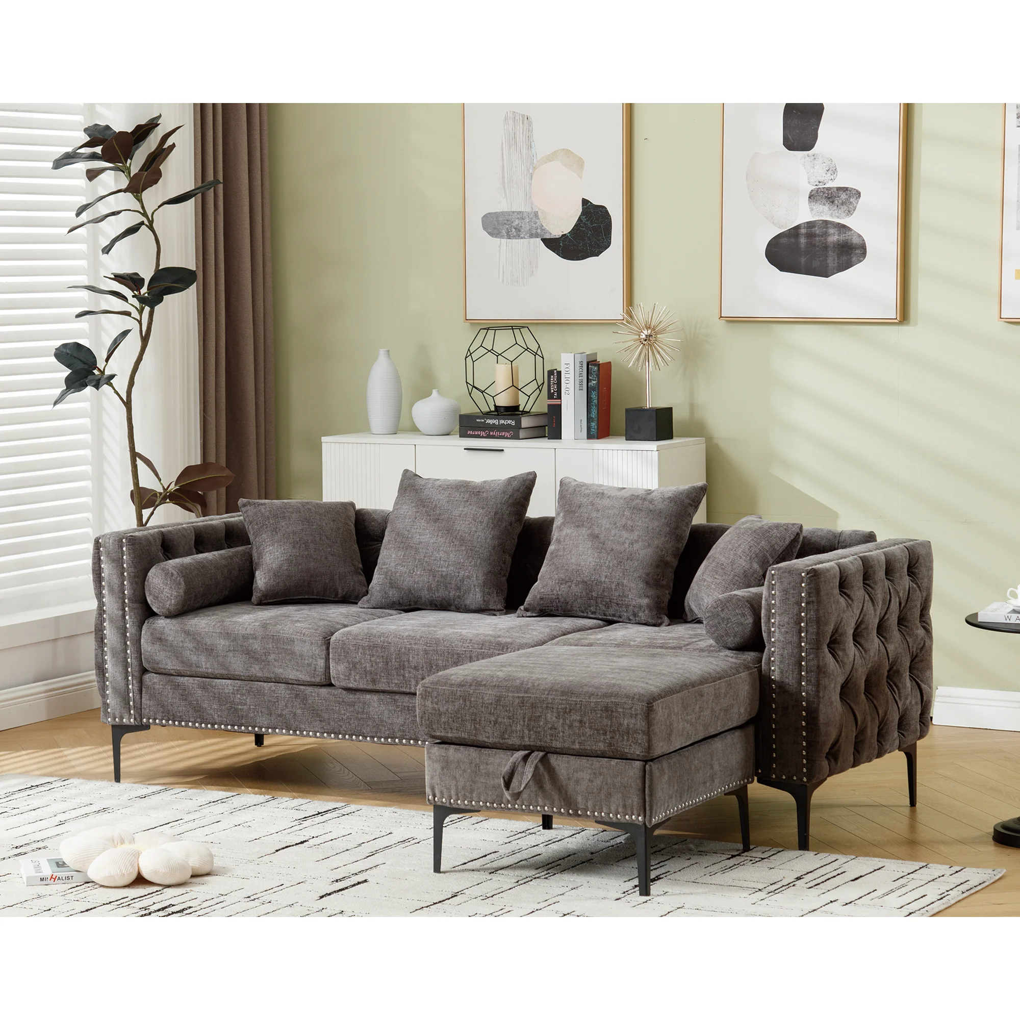 L Shaped Sectional Sofa Chenille Dark Gray - Image 4
