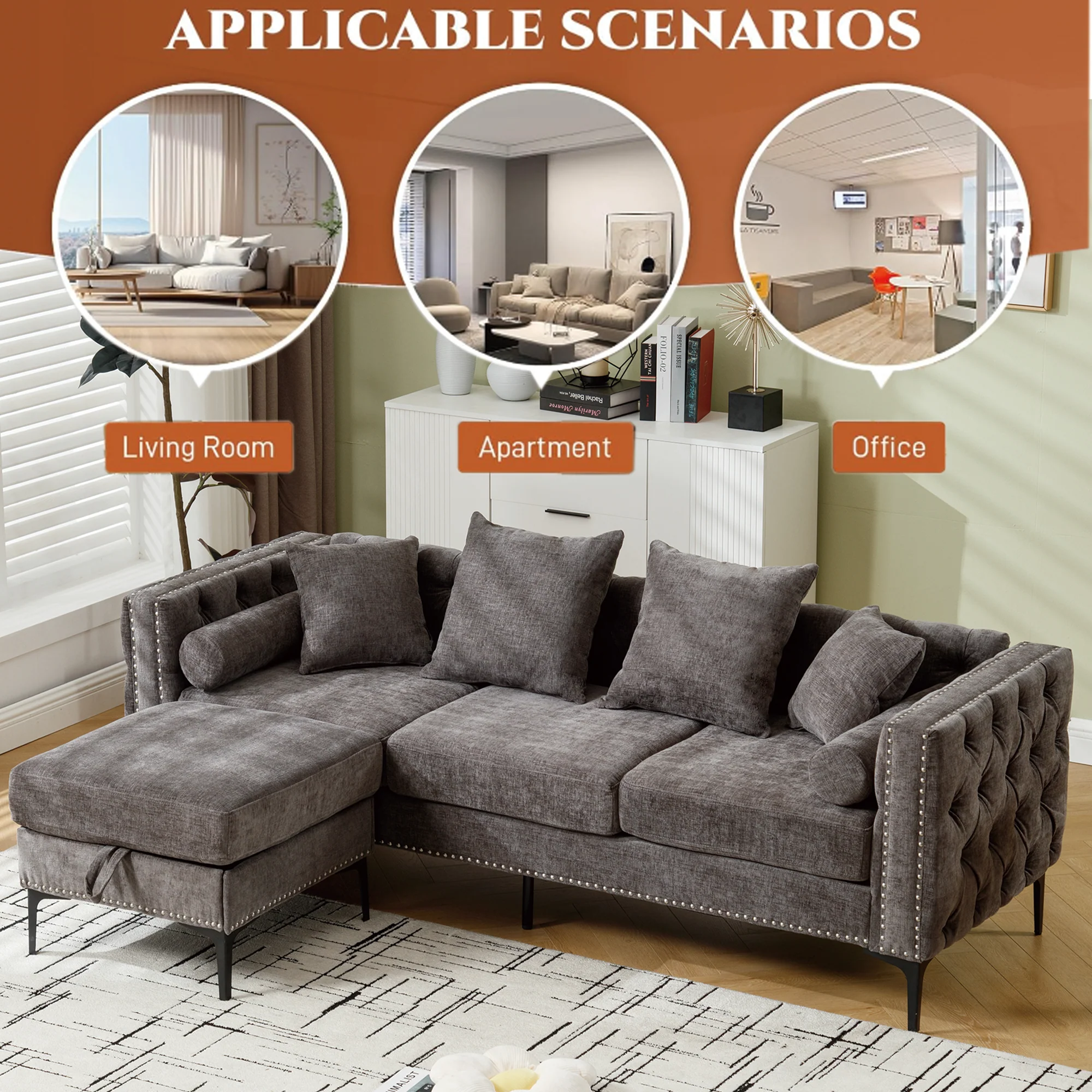 L Shaped Sectional Sofa Chenille Dark Gray - Image 9