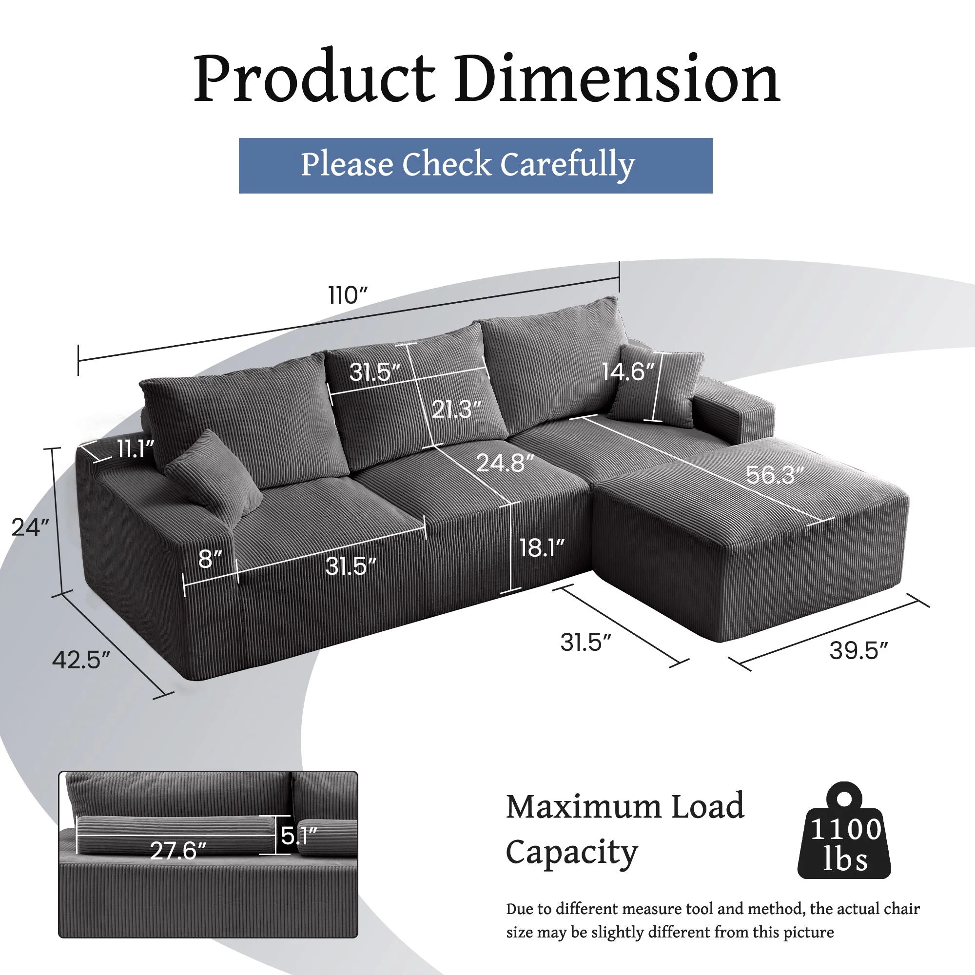 L Shaped Sectional Sofa, Full Compression 3 Seater Cloud Couch With Chaise - Image 8