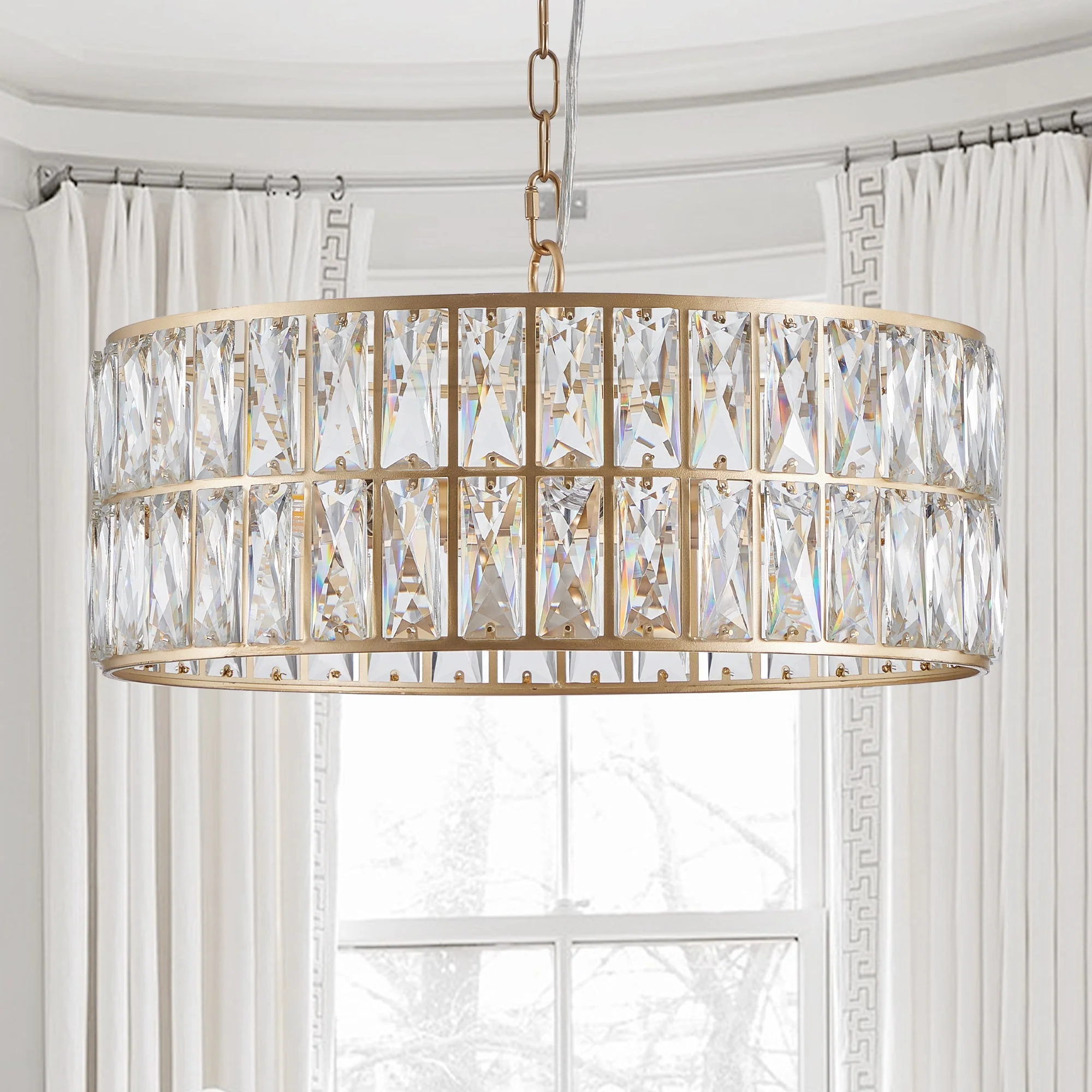 18' Golden Modern Crystal Drum Chandelier, 6-Light Pendant Lighting Fixture with Metal Frame for Living Room, Dining Room, and Bedroom (Bulbs Not Included)