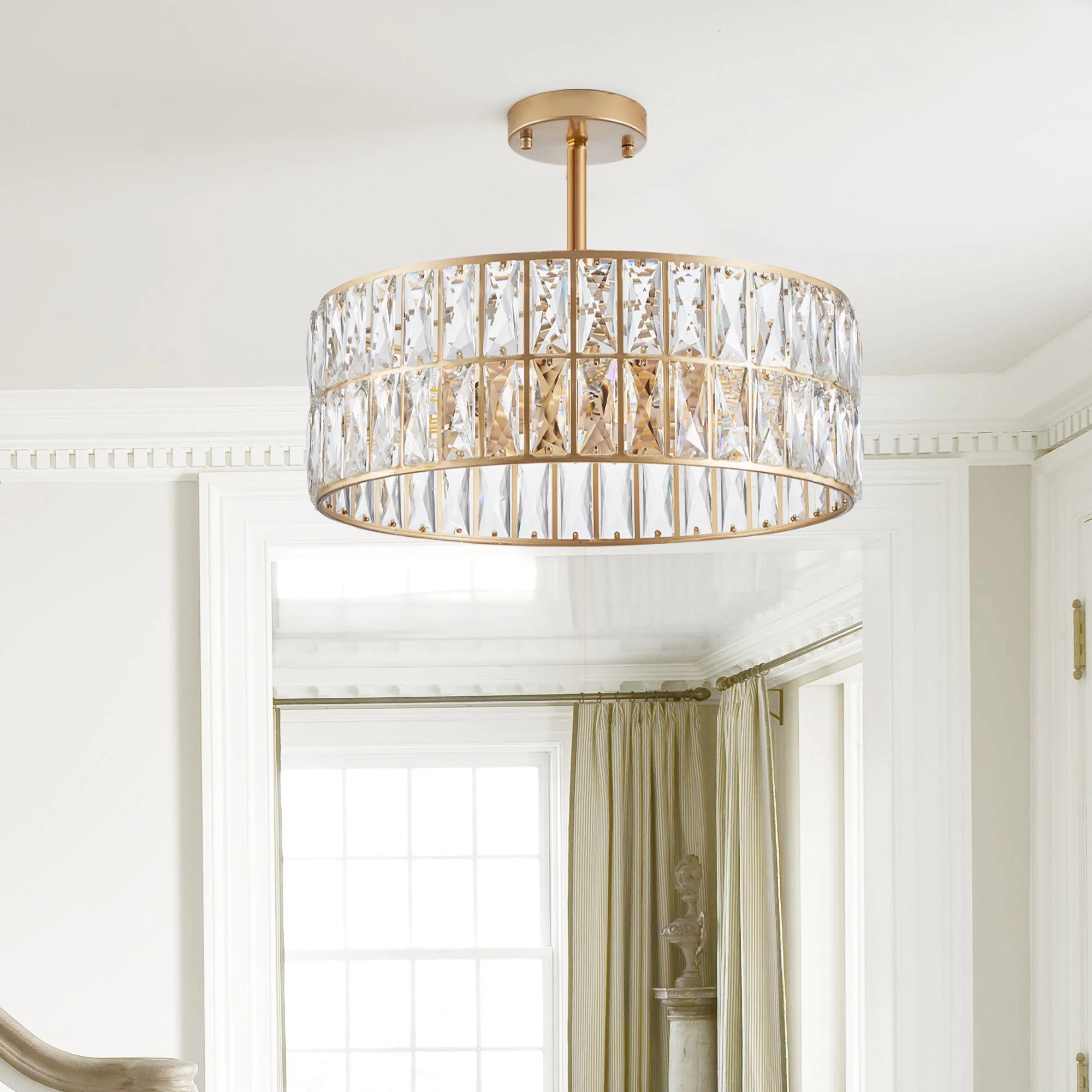 18' Golden Modern Crystal Drum Chandelier, 6-Light Pendant Lighting Fixture with Metal Frame for Living Room, Dining Room, and Bedroom (Bulbs Not Included) - Image 2
