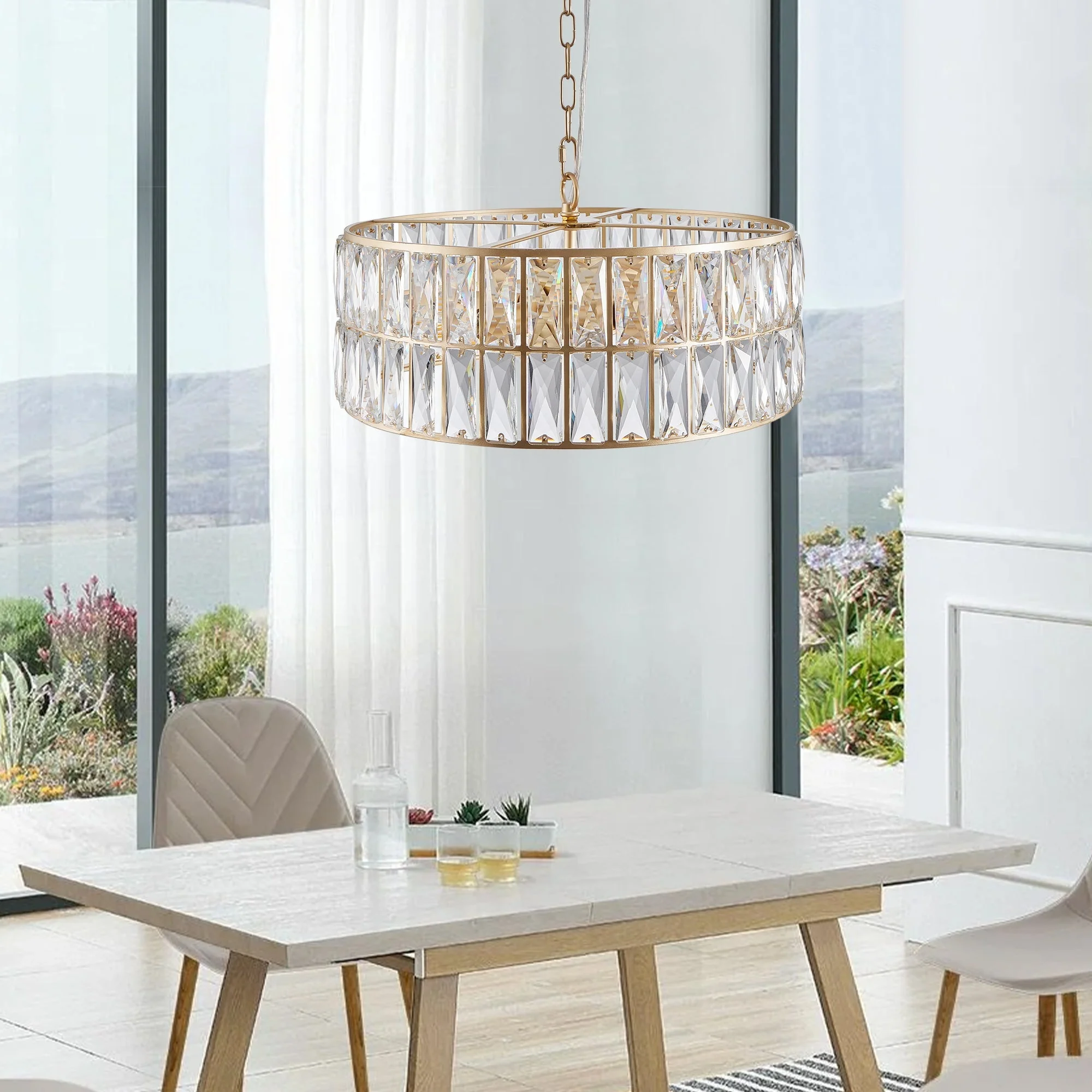 18' Golden Modern Crystal Drum Chandelier, 6-Light Pendant Lighting Fixture with Metal Frame for Living Room, Dining Room, and Bedroom (Bulbs Not Included) - Image 3