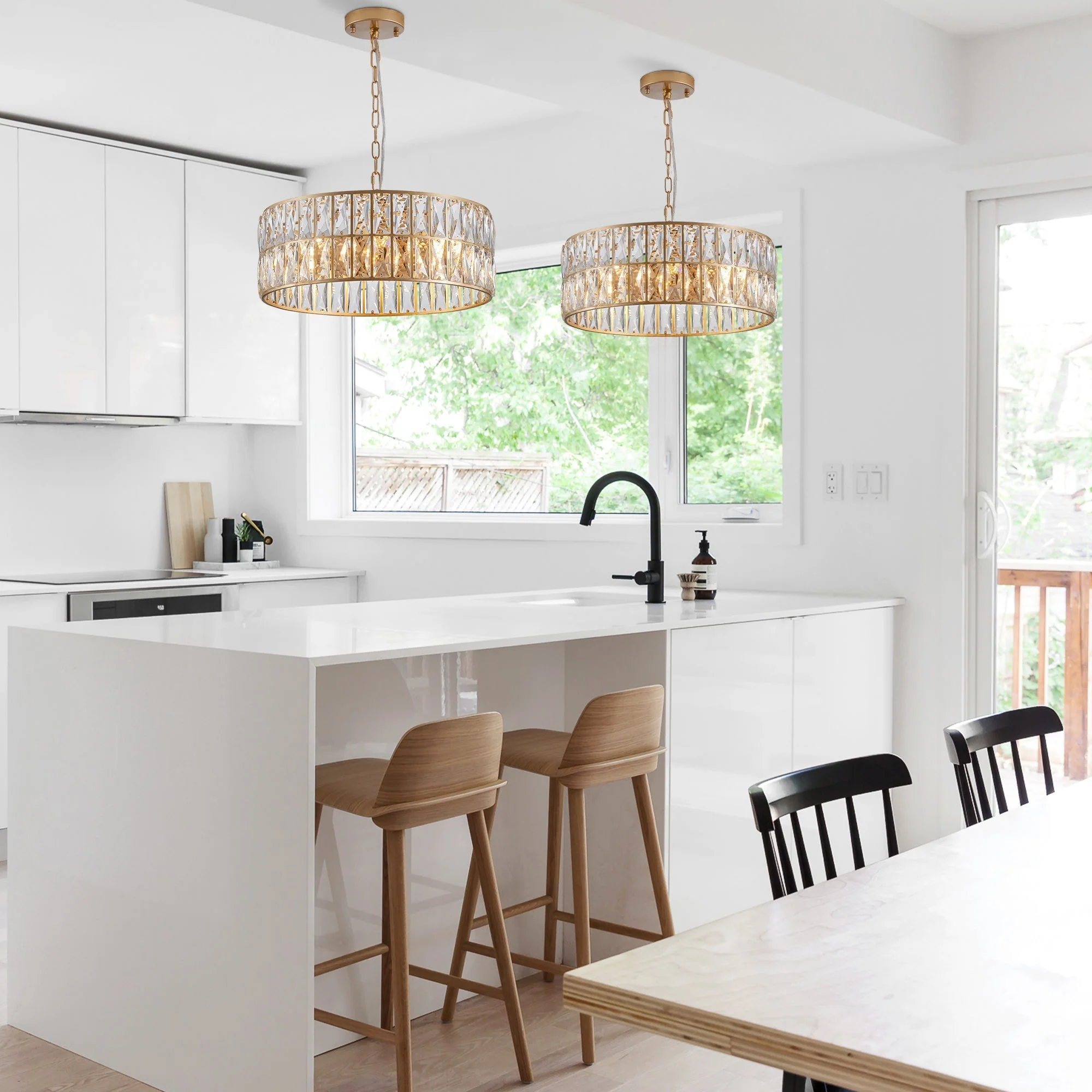 18' Golden Modern Crystal Drum Chandelier, 6-Light Pendant Lighting Fixture with Metal Frame for Living Room, Dining Room, and Bedroom (Bulbs Not Included) - Image 4