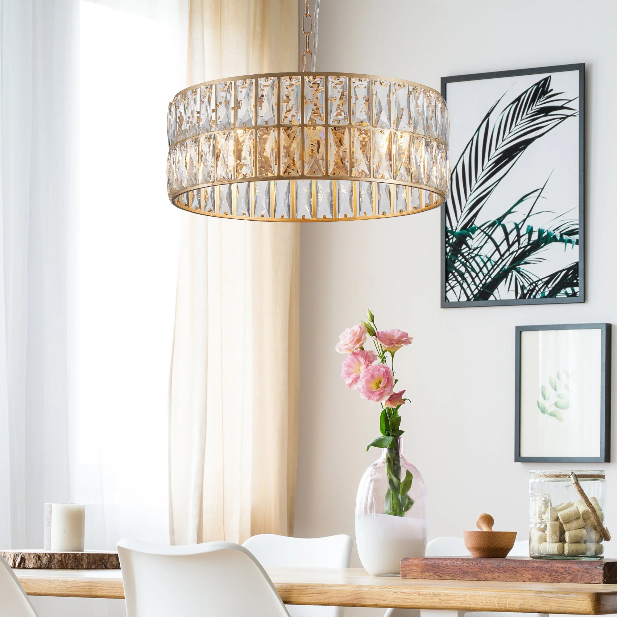 18' Golden Modern Crystal Drum Chandelier, 6-Light Pendant Lighting Fixture with Metal Frame for Living Room, Dining Room, and Bedroom (Bulbs Not Included) - Image 5
