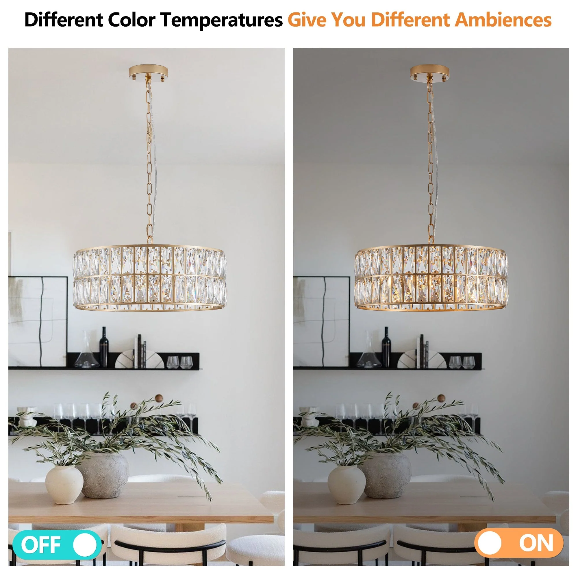 18' Golden Modern Crystal Drum Chandelier, 6-Light Pendant Lighting Fixture with Metal Frame for Living Room, Dining Room, and Bedroom (Bulbs Not Included) - Image 6
