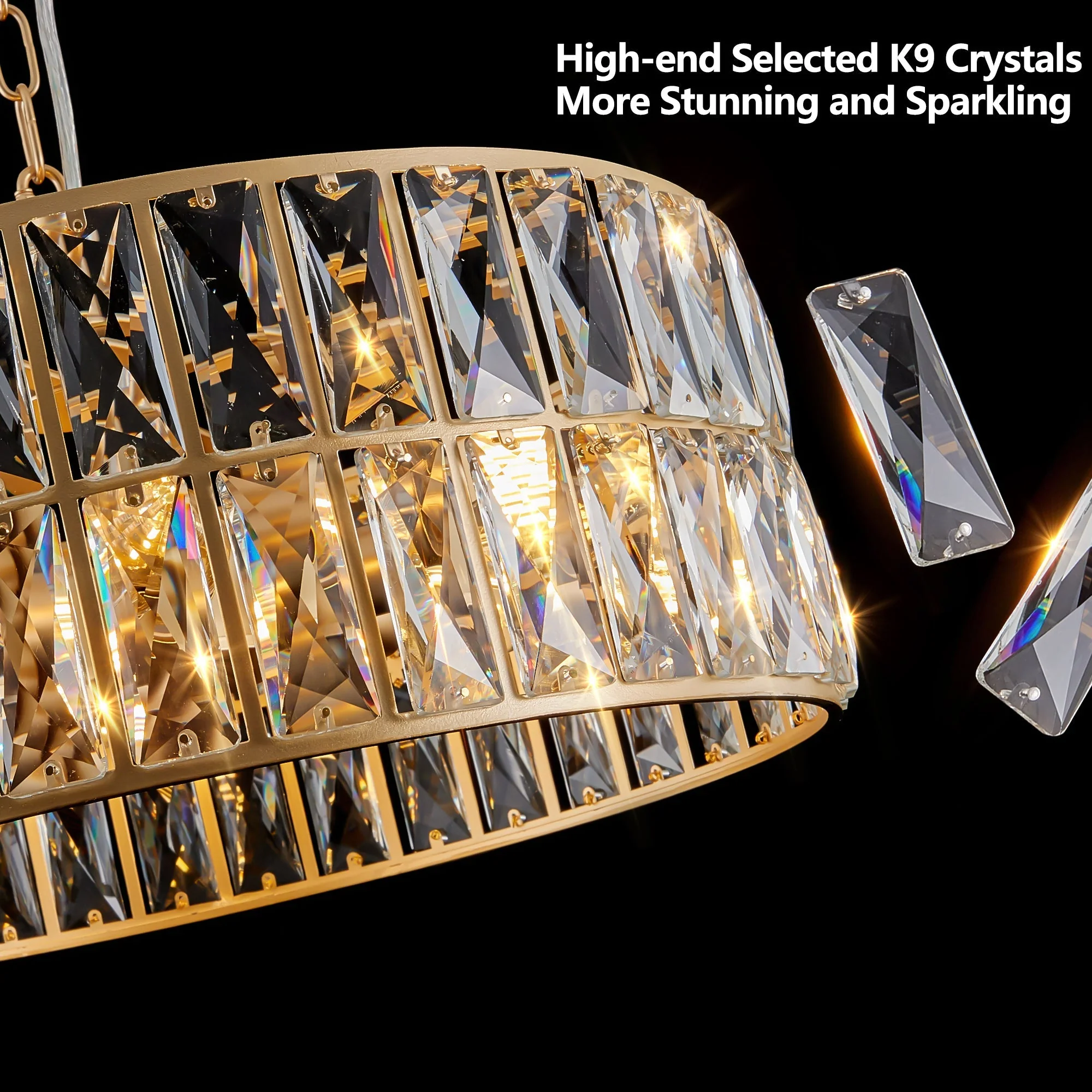 18' Golden Modern Crystal Drum Chandelier, 6-Light Pendant Lighting Fixture with Metal Frame for Living Room, Dining Room, and Bedroom (Bulbs Not Included) - Image 7