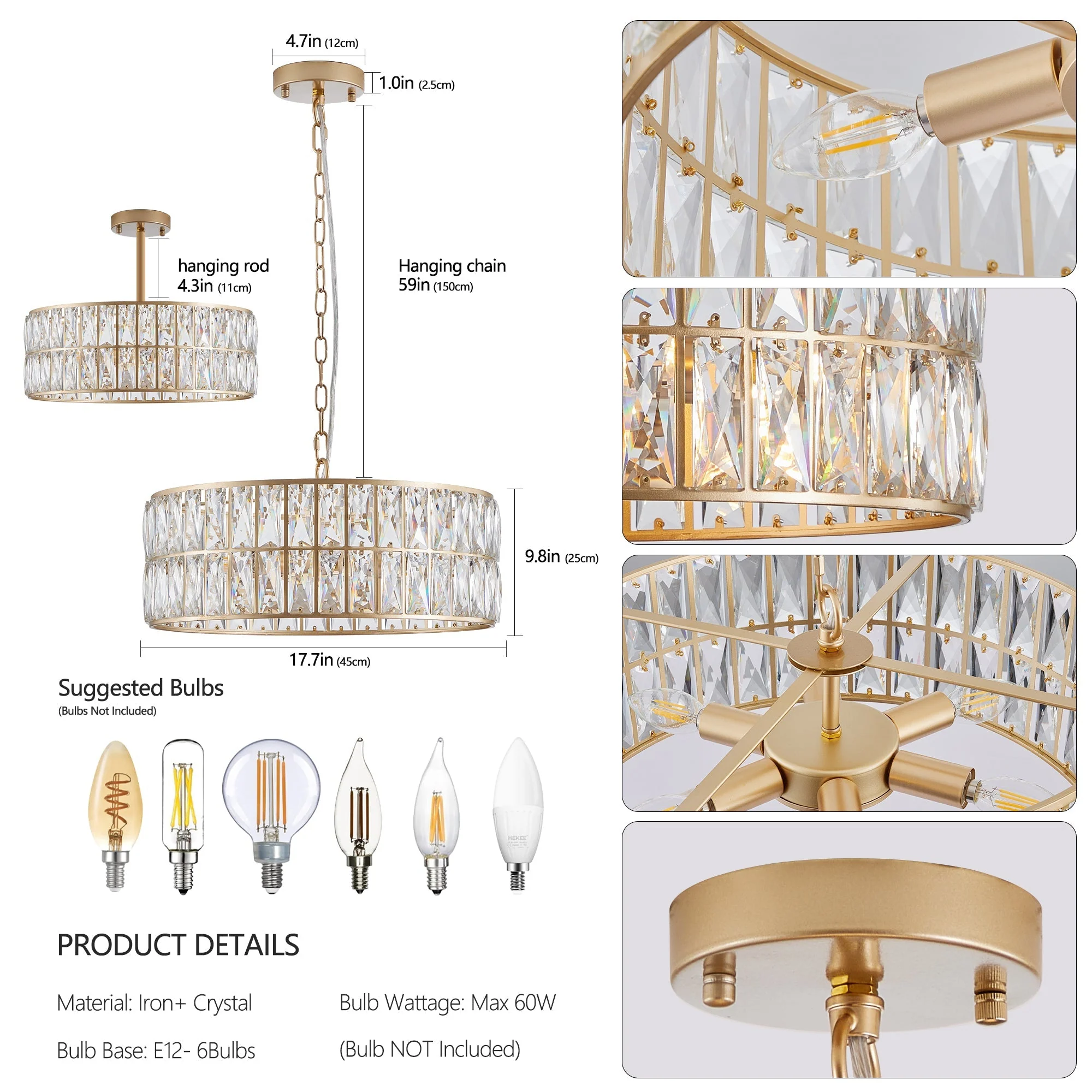 18' Golden Modern Crystal Drum Chandelier, 6-Light Pendant Lighting Fixture with Metal Frame for Living Room, Dining Room, and Bedroom (Bulbs Not Included) - Image 8