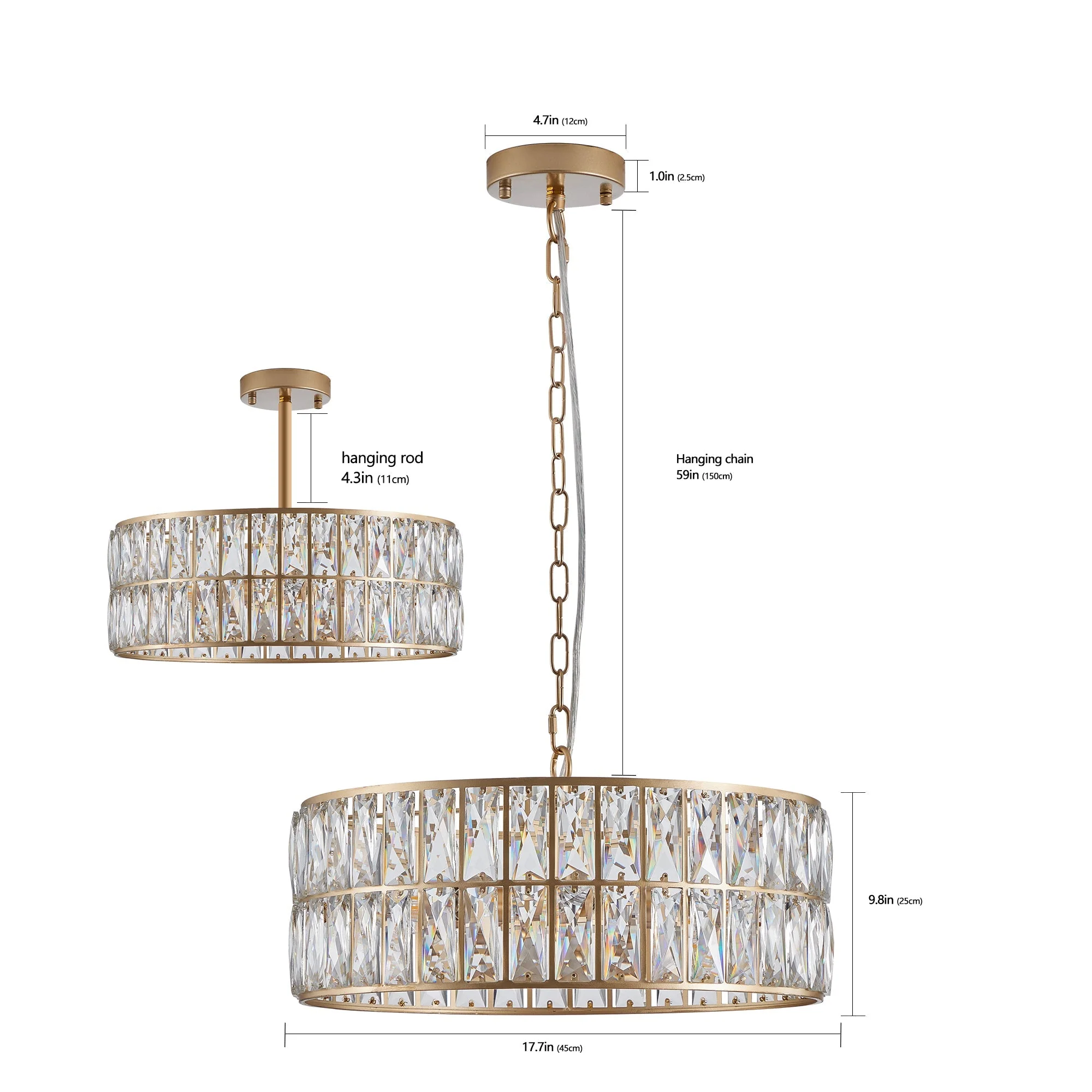 18' Golden Modern Crystal Drum Chandelier, 6-Light Pendant Lighting Fixture with Metal Frame for Living Room, Dining Room, and Bedroom (Bulbs Not Included) - Image 9
