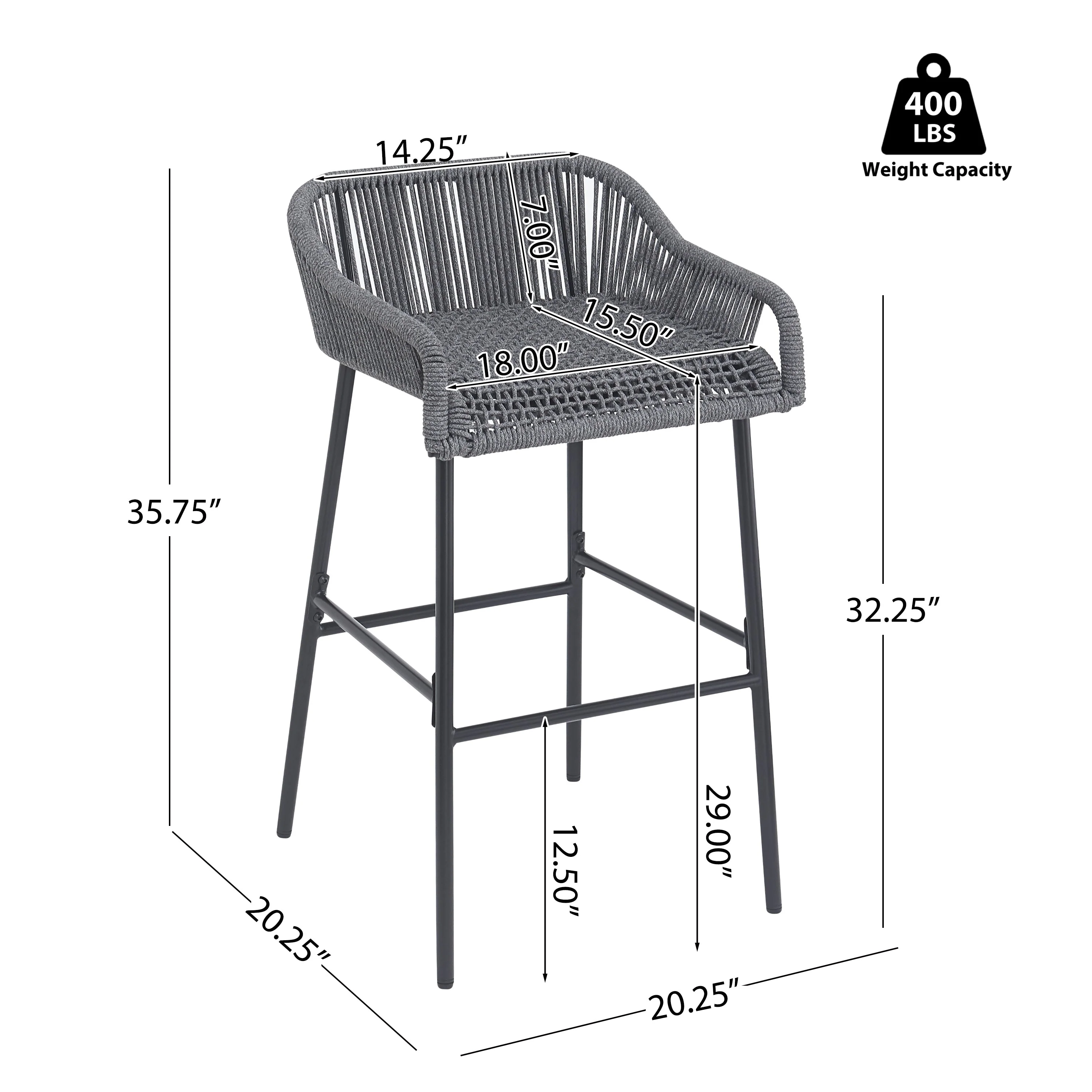 La Push Outdoor Patio Dark Gray Rope Barstool (Set of 2) - Image 9