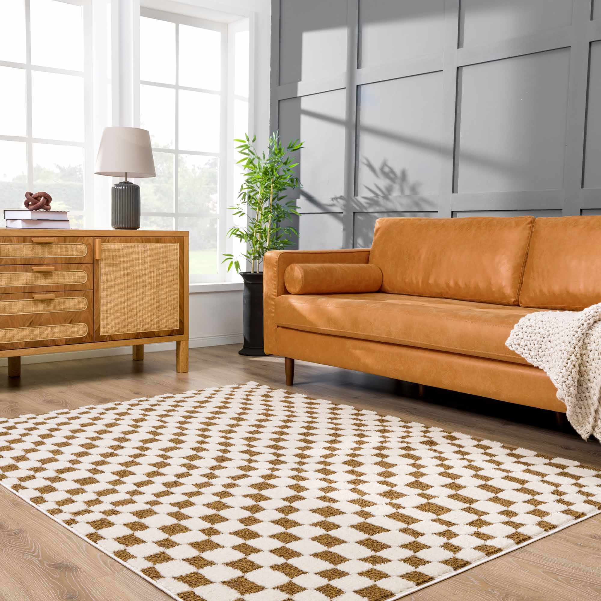 Lajos Brown Checkered Shag Rug - Image 13