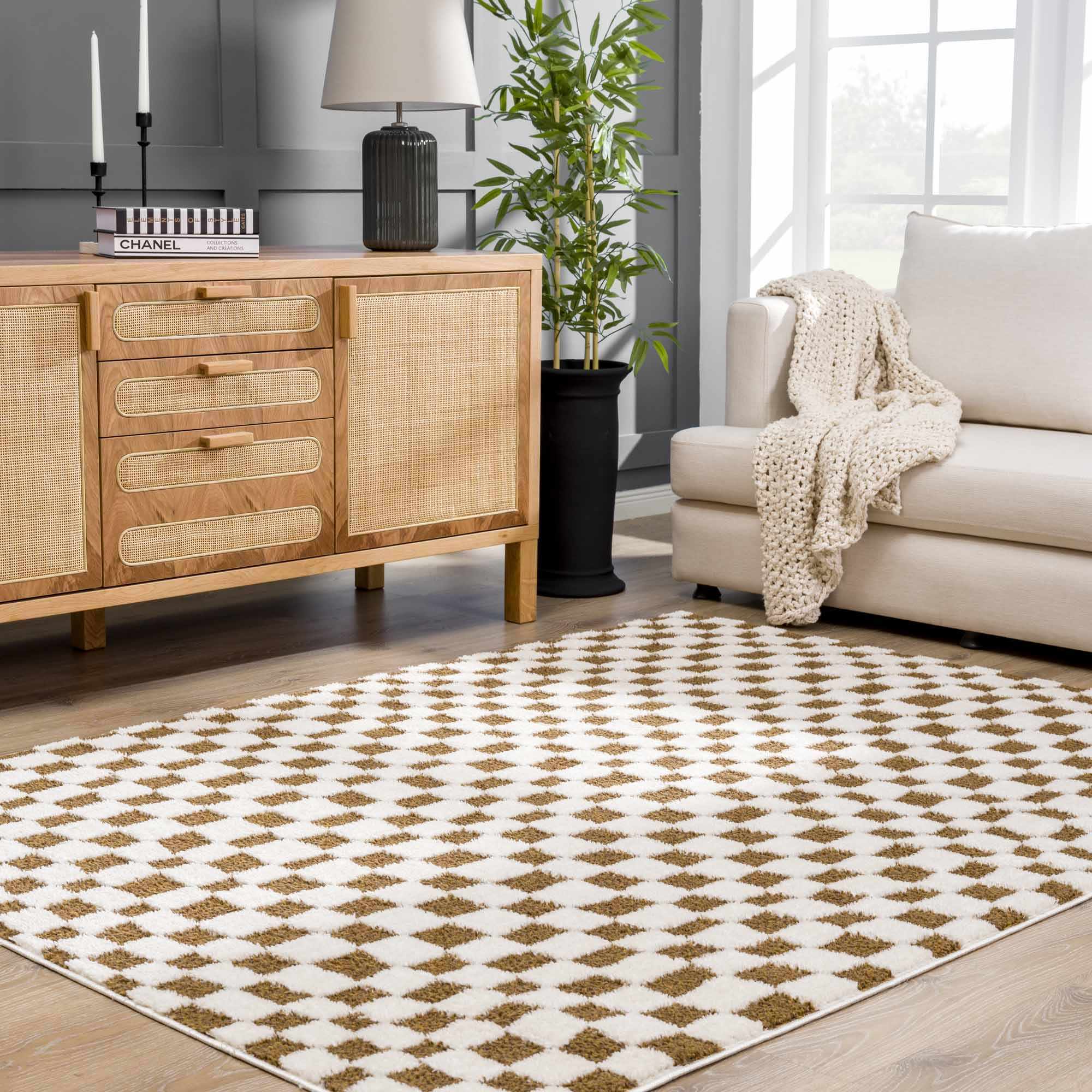 Lajos Brown Checkered Shag Rug - Image 2