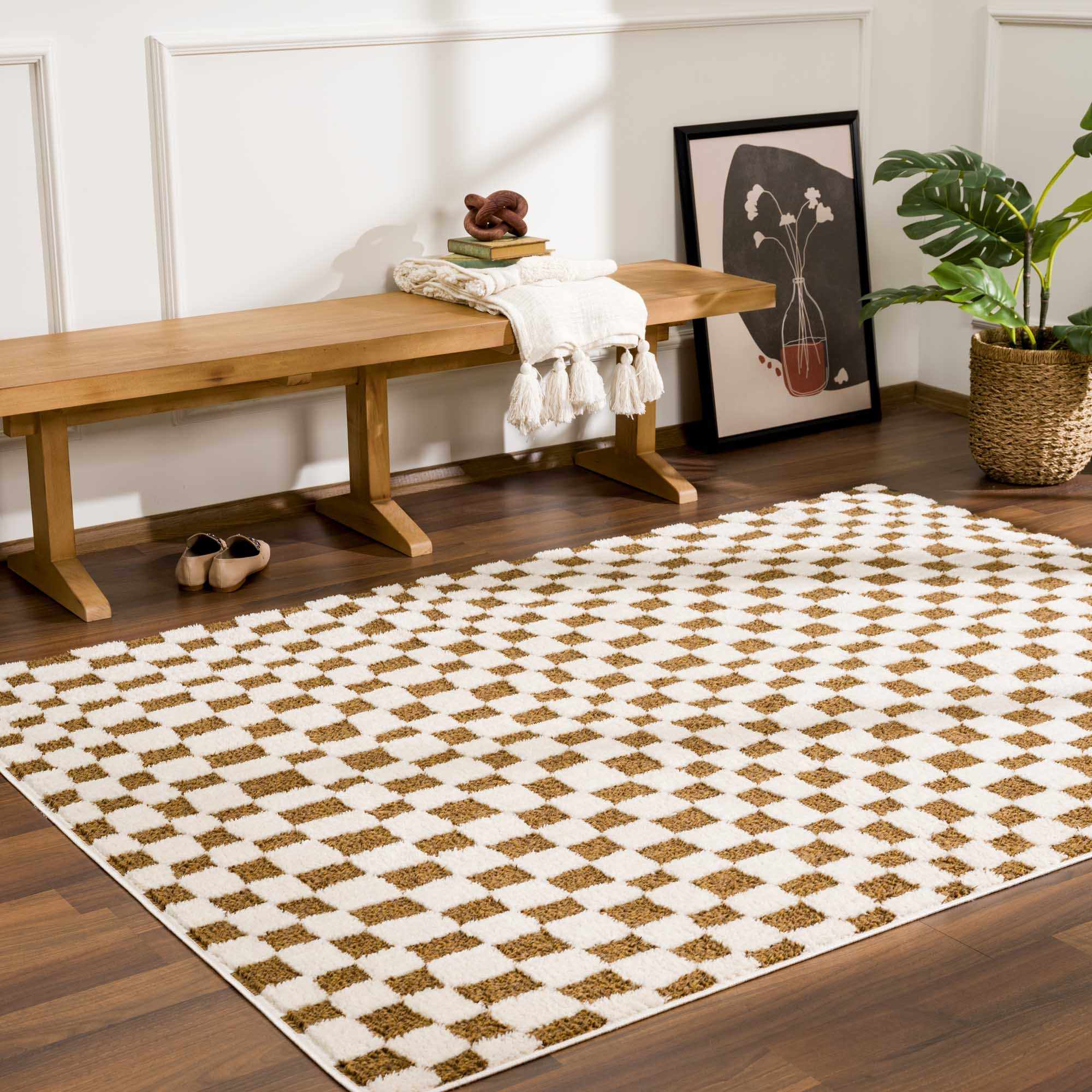 Lajos Brown Checkered Shag Rug - Image 9
