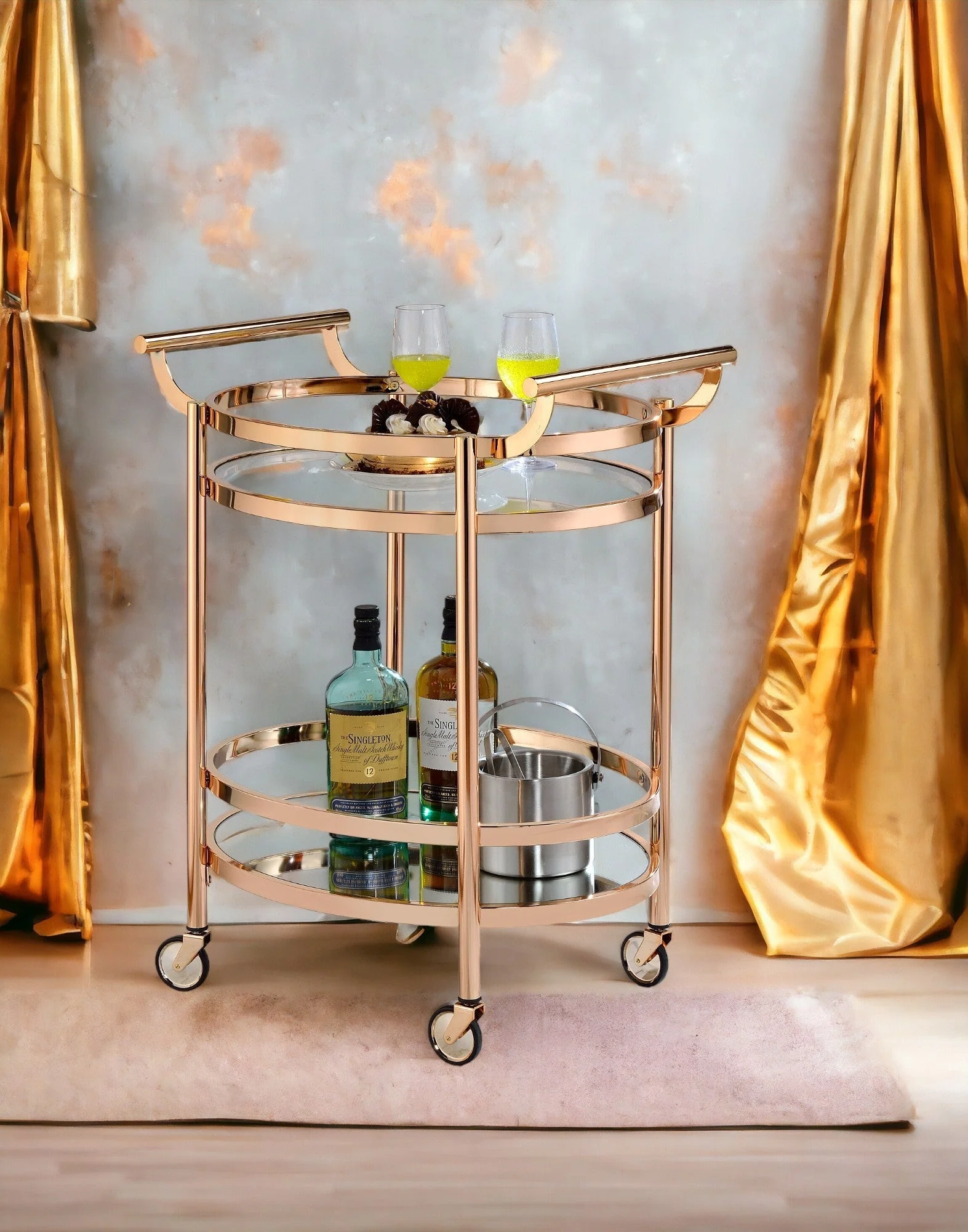 Lakelyn Clear Glass & Rose Gold Finish Serving Cart - Image 3