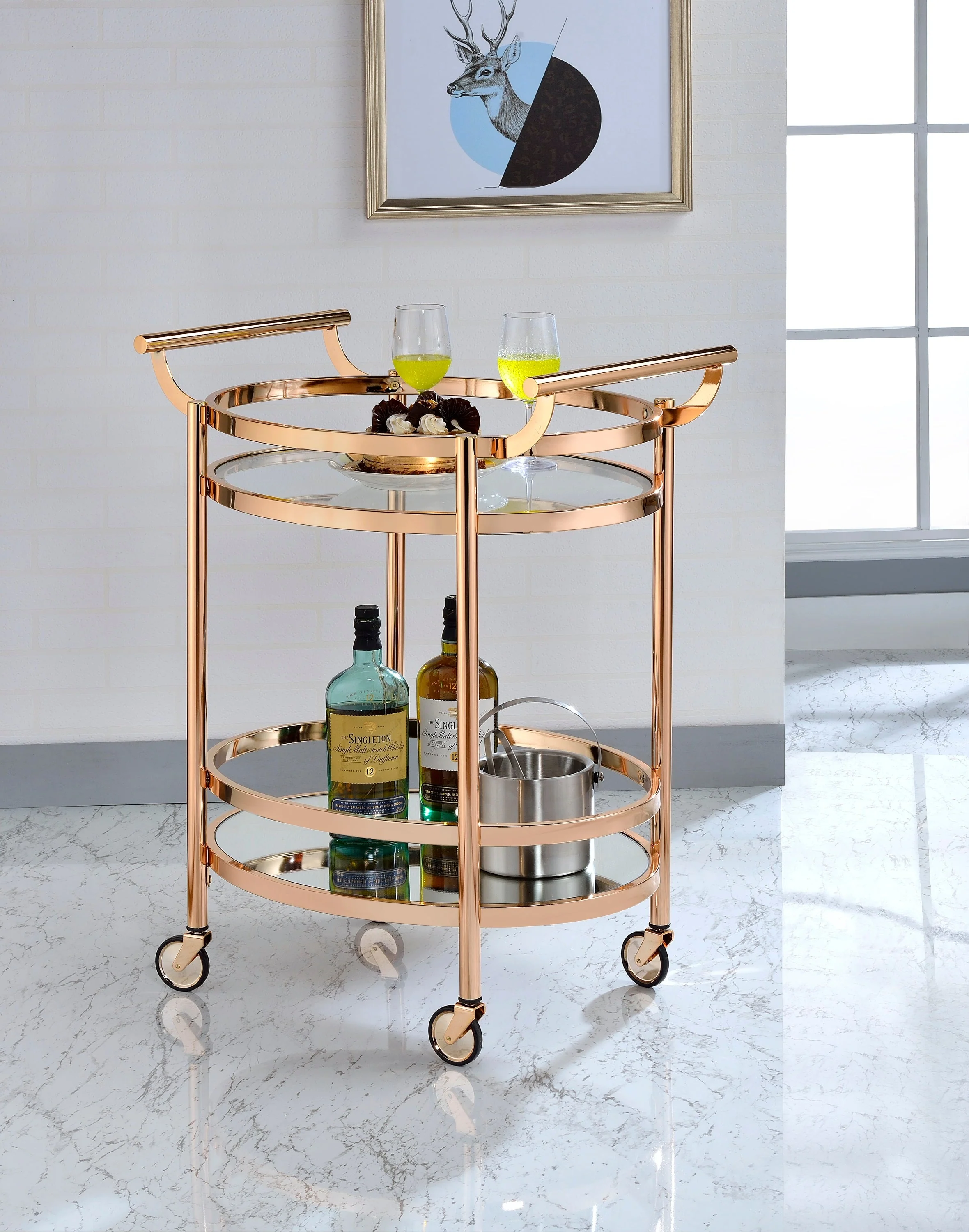 Lakelyn Clear Glass & Rose Gold Finish Serving Cart - Image 8