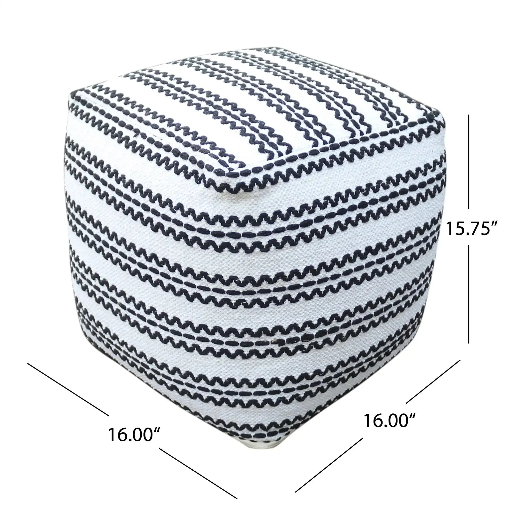 Lani Handcrafted Fabric Pouf - Durable Cotton Square in Natural / Black - Image 2