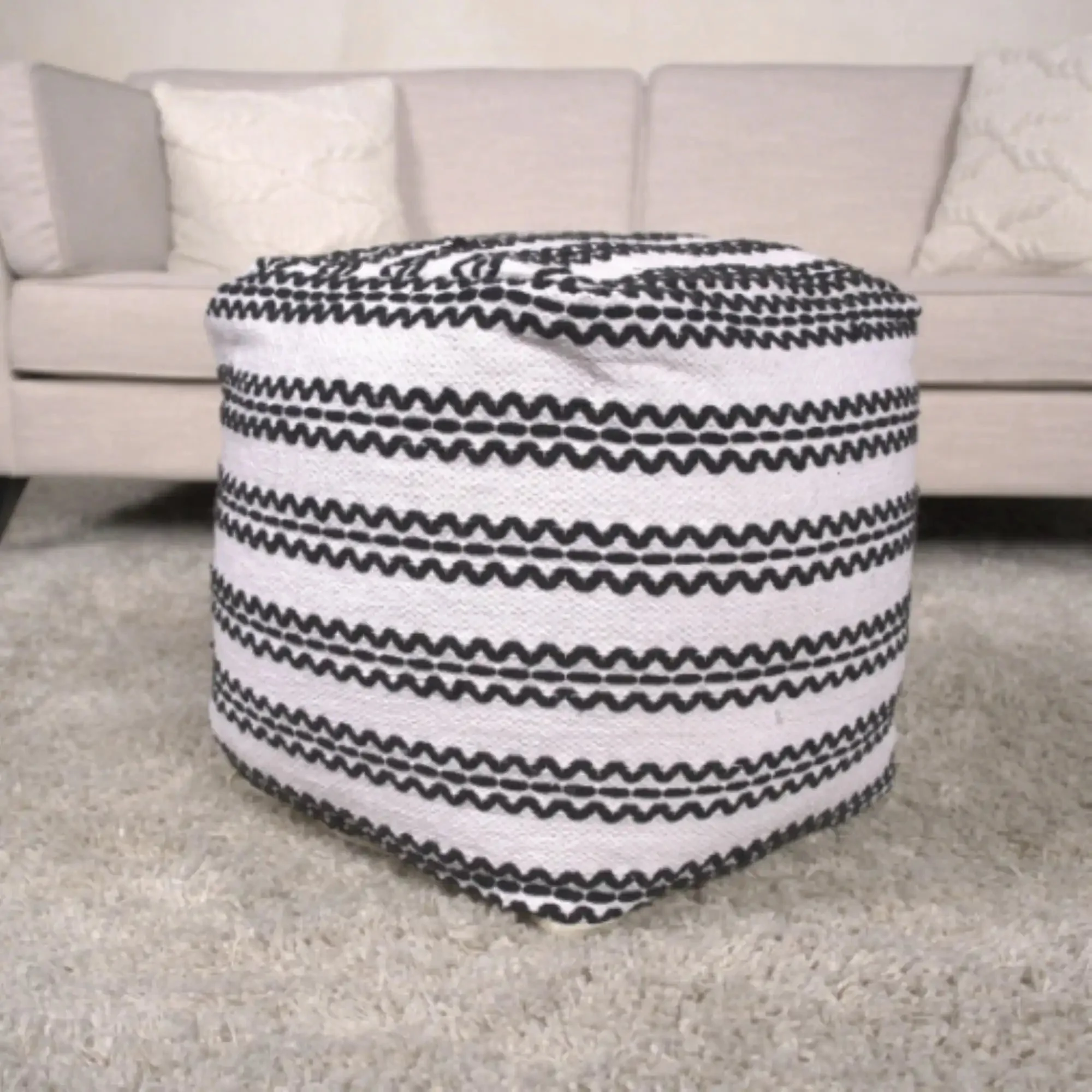 Lani Handcrafted Fabric Pouf - Durable Cotton Square in Natural / Black - Image 5