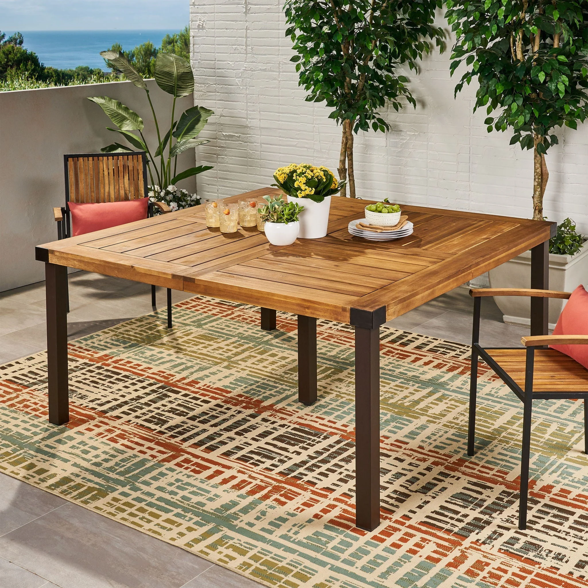 Lankershim Modern Industrial Dining Table with Acacia Wood Slat Design - Teak - Image 2
