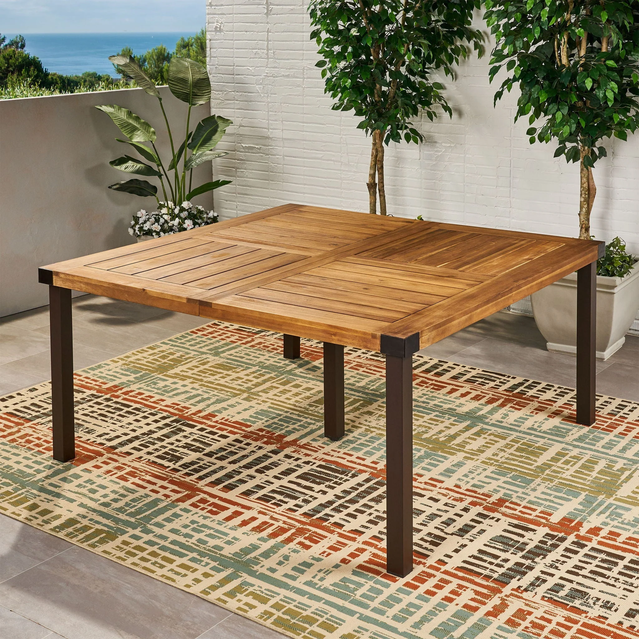 Lankershim Modern Industrial Dining Table with Acacia Wood Slat Design - Teak - Image 4
