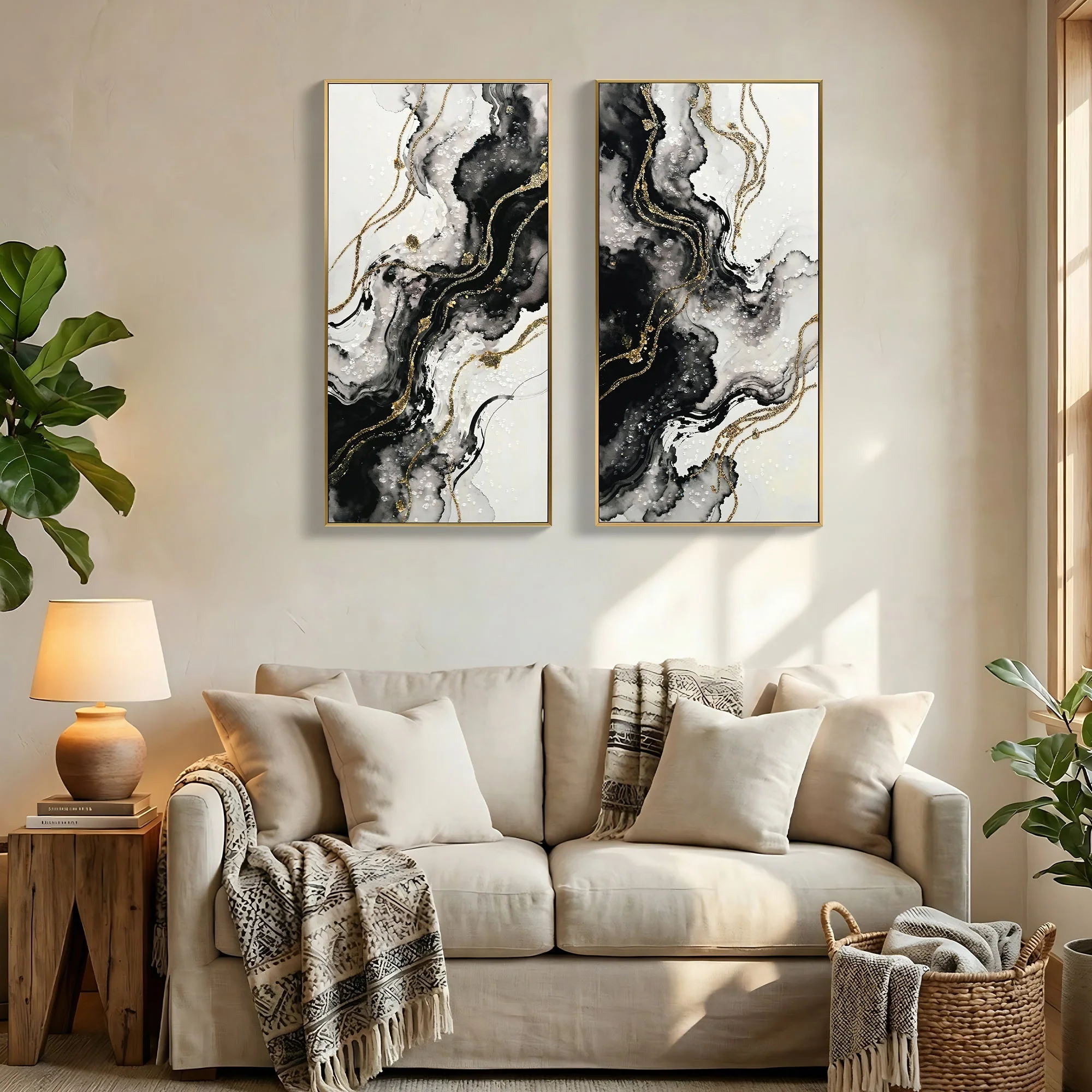 Large Black and White Abstract Wall Art Set of 2 - Image 2