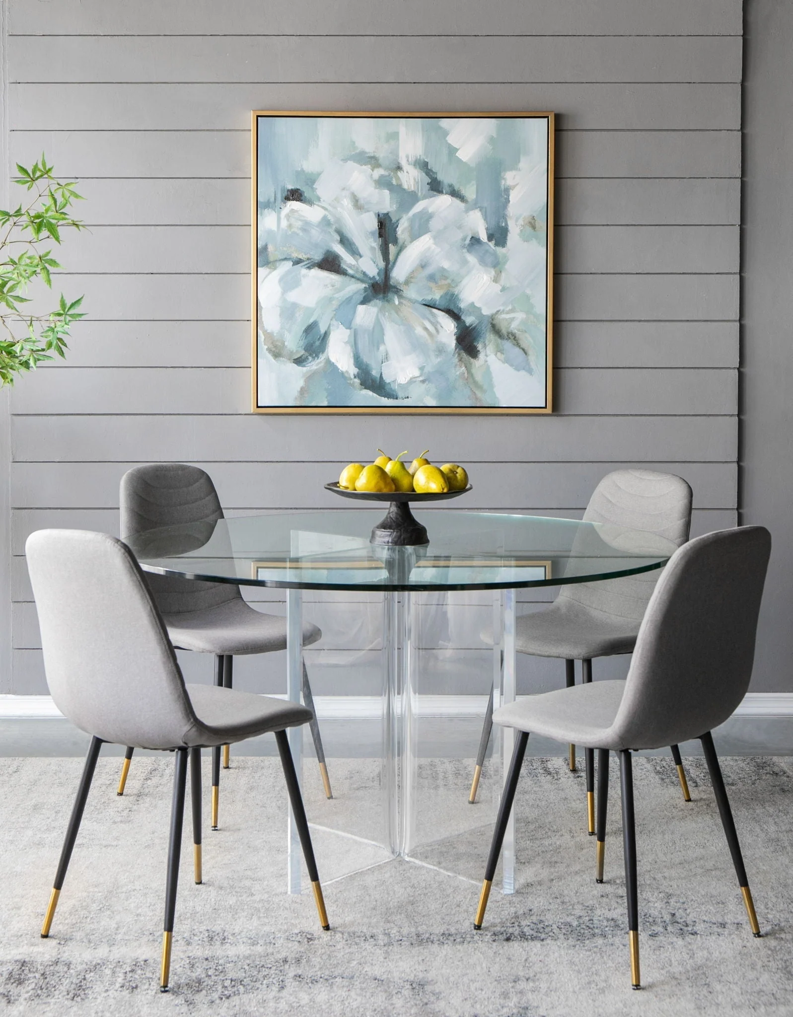 Large Modern Flower Oil Painting Square Frame Wall Art - Blue / Gray