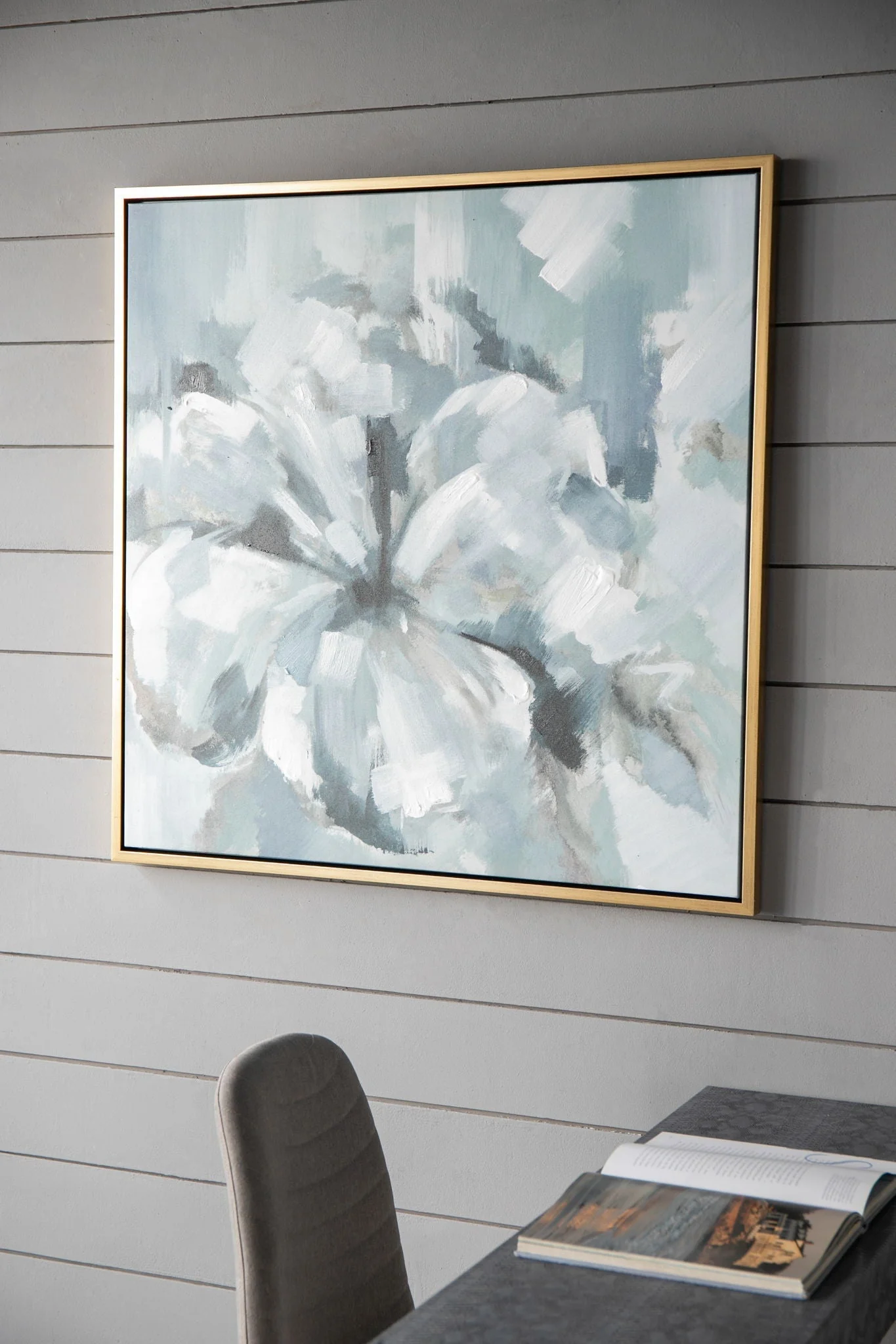 Large Modern Flower Oil Painting Square Frame Wall Art - Blue / Gray - Image 3