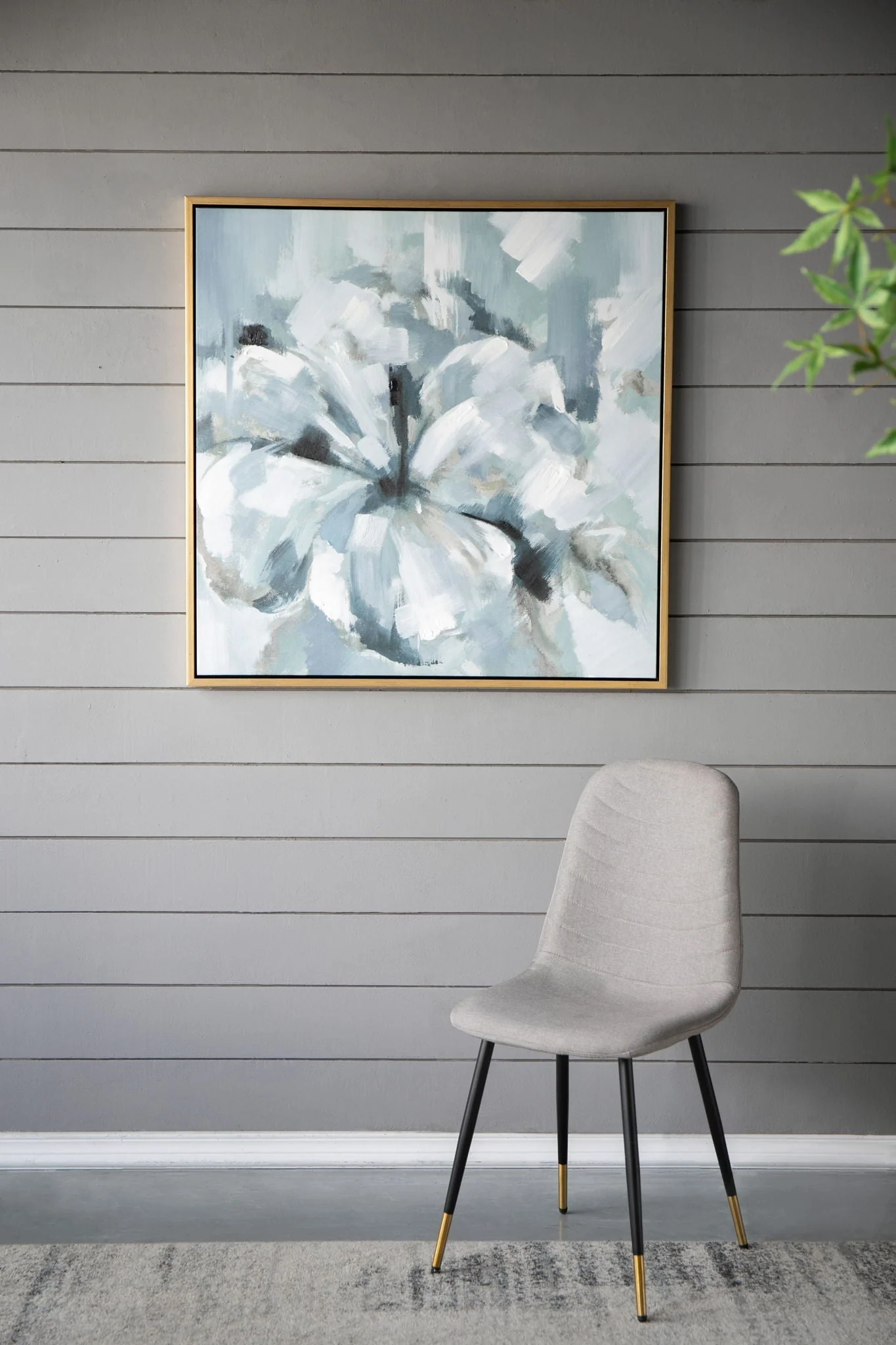 Large Modern Flower Oil Painting Square Frame Wall Art - Blue / Gray - Image 4
