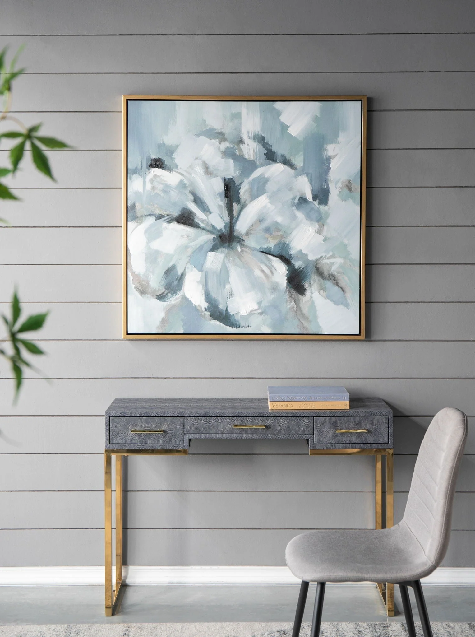 Large Modern Flower Oil Painting Square Frame Wall Art - Blue / Gray - Image 9