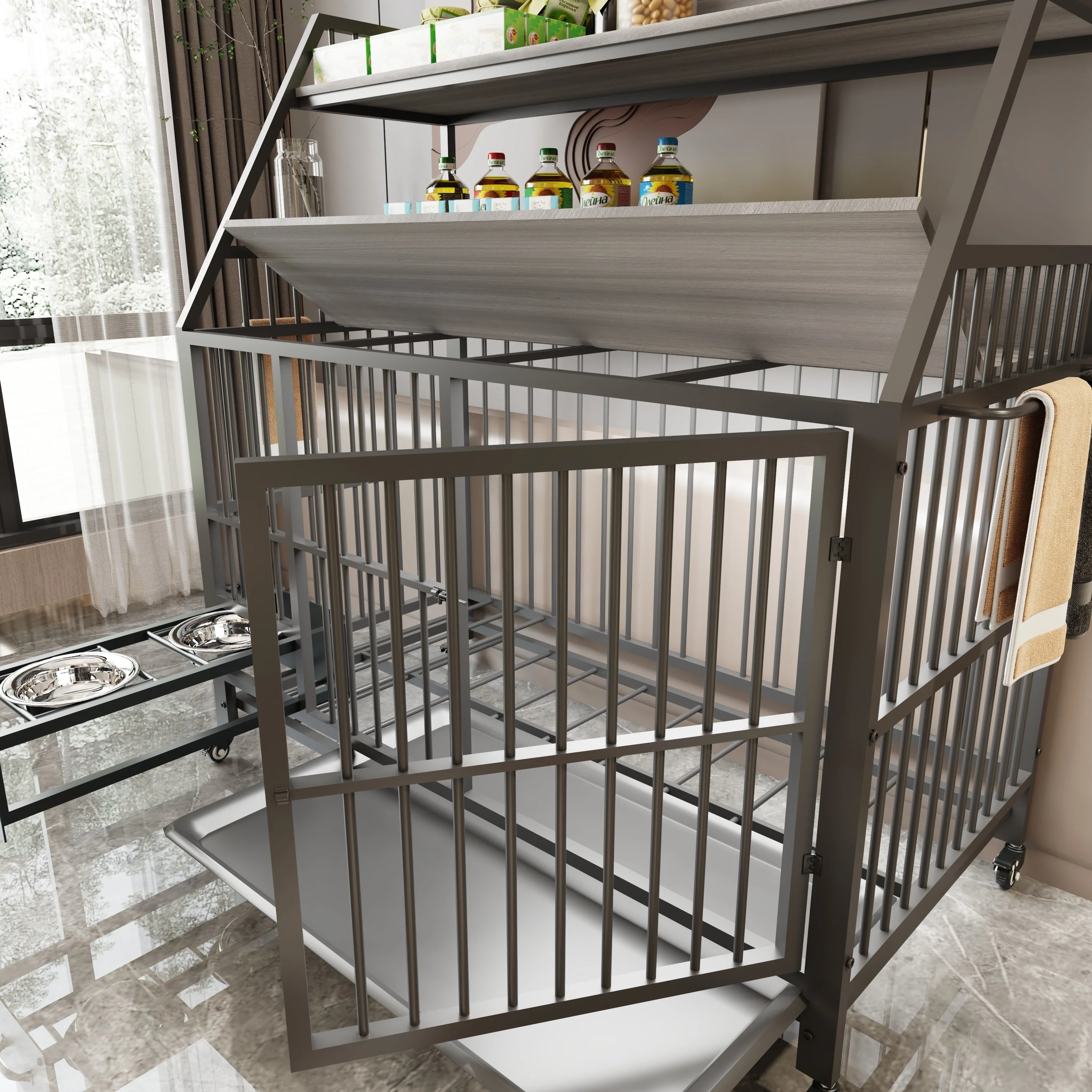 Large Pet Cage with Storage Rack and Stainless Steel Basins - Image 14
