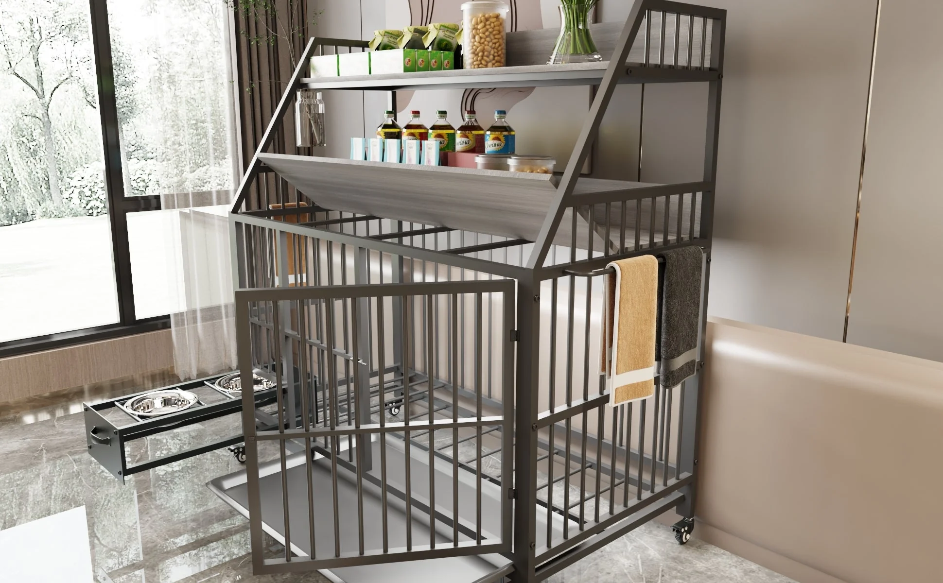 Large Pet Cage with Storage Rack and Stainless Steel Basins - Image 16